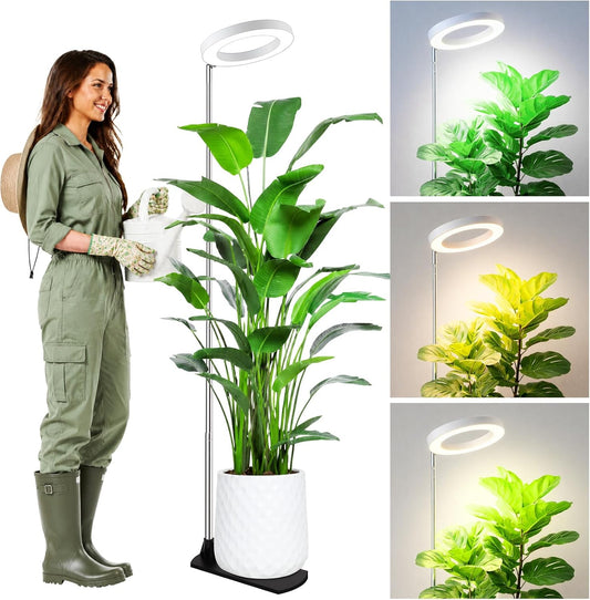 LBW Grow Lights for Indoor Plants, 6.3" Full Spectrum Plant Light with Base, 59" Height Adjustable Grow Lamp, 6/8/12/16H Auto Timer, 3 Light Colors, 5 Dimmable Levels, for Tall Large Plants, White
