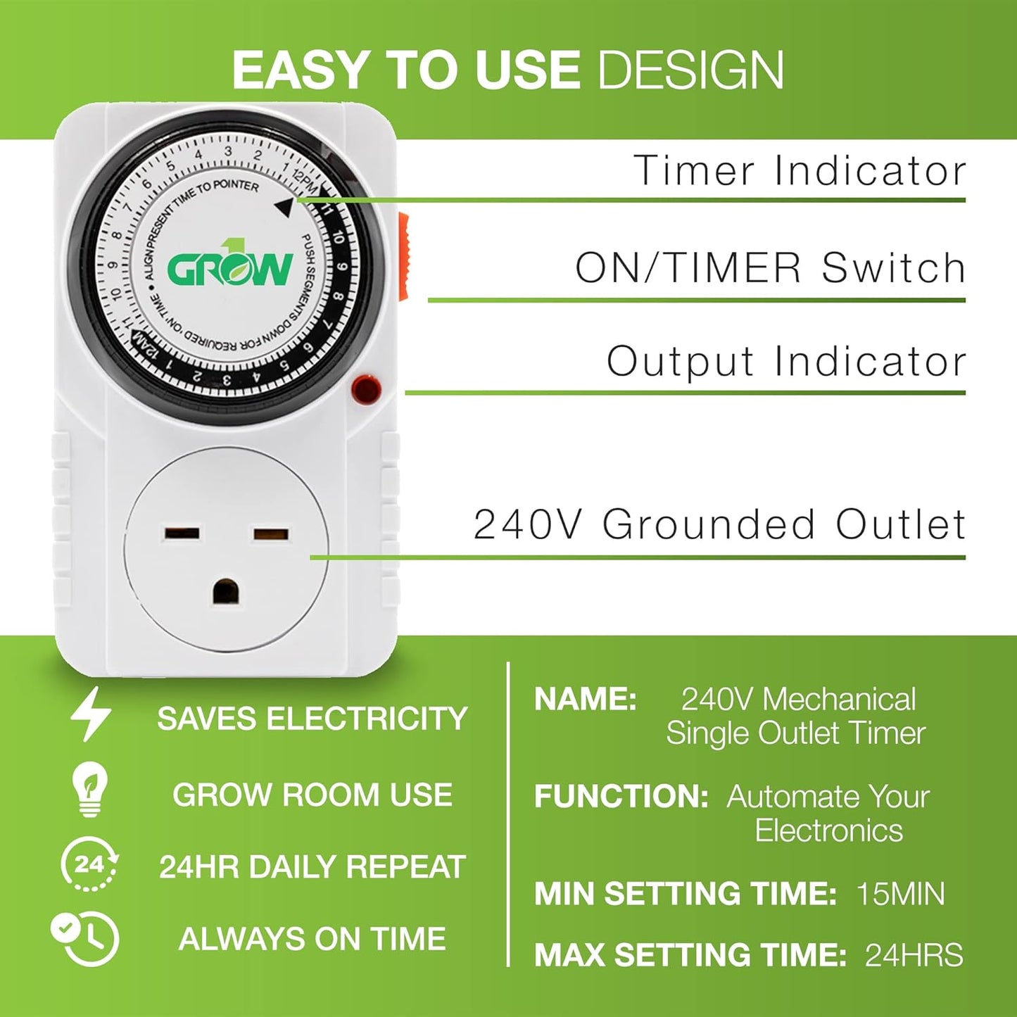 Grow1 Single Outlet Mechanical Timer 24 Hour Hydroponics Grow Light Timers Electrical Outlets, Universal Wall Plug 3-Prong Grounded Outlet, UL Listed, 240v