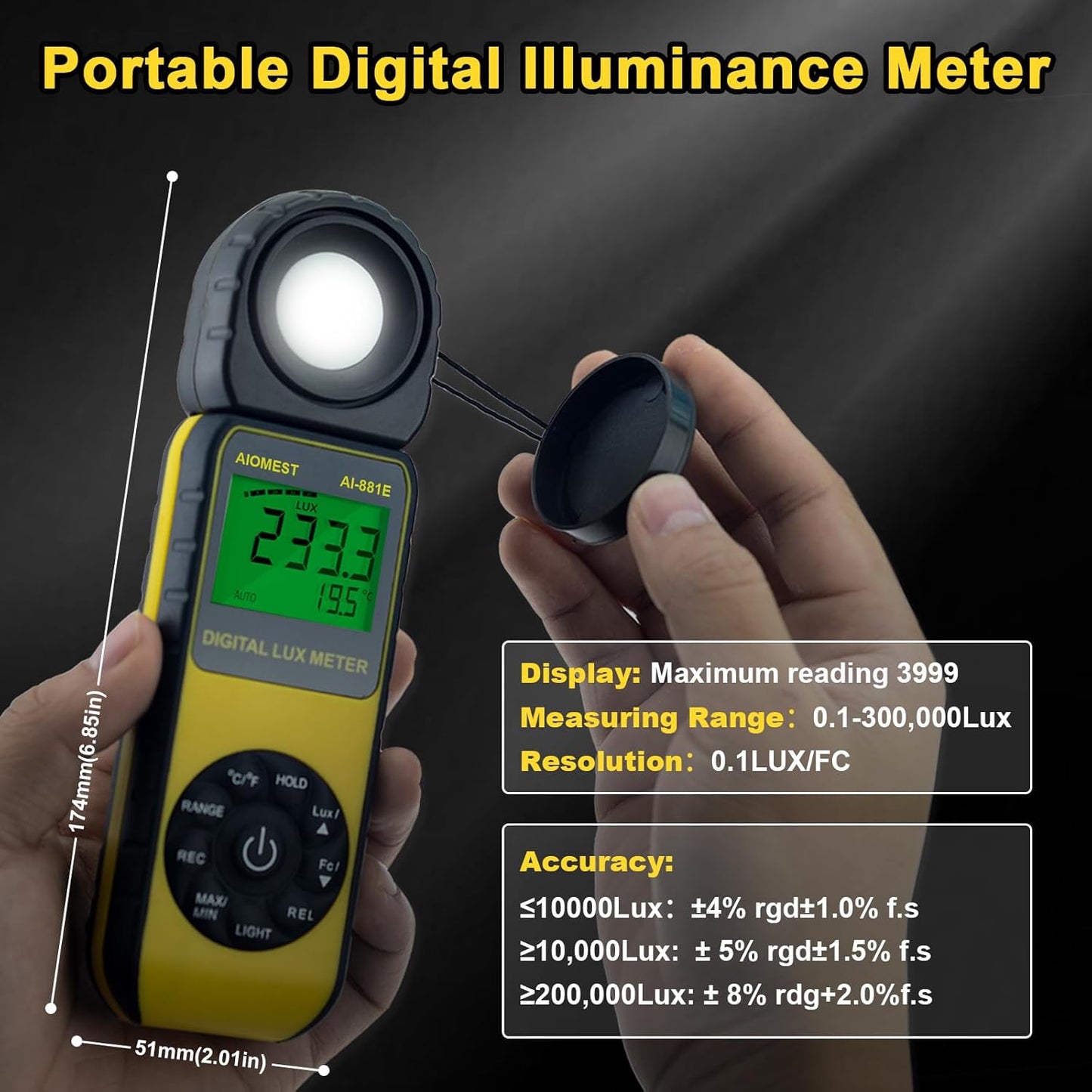 AIOMEST AI-881E Digital Light Meter, Handheld Foot Candle Meter for 0.1~300,000 Lux, Light Meter for LED Plant Grow Light, Indoor Outdoor Lights, Par Meter with 270°Rotatable Detector