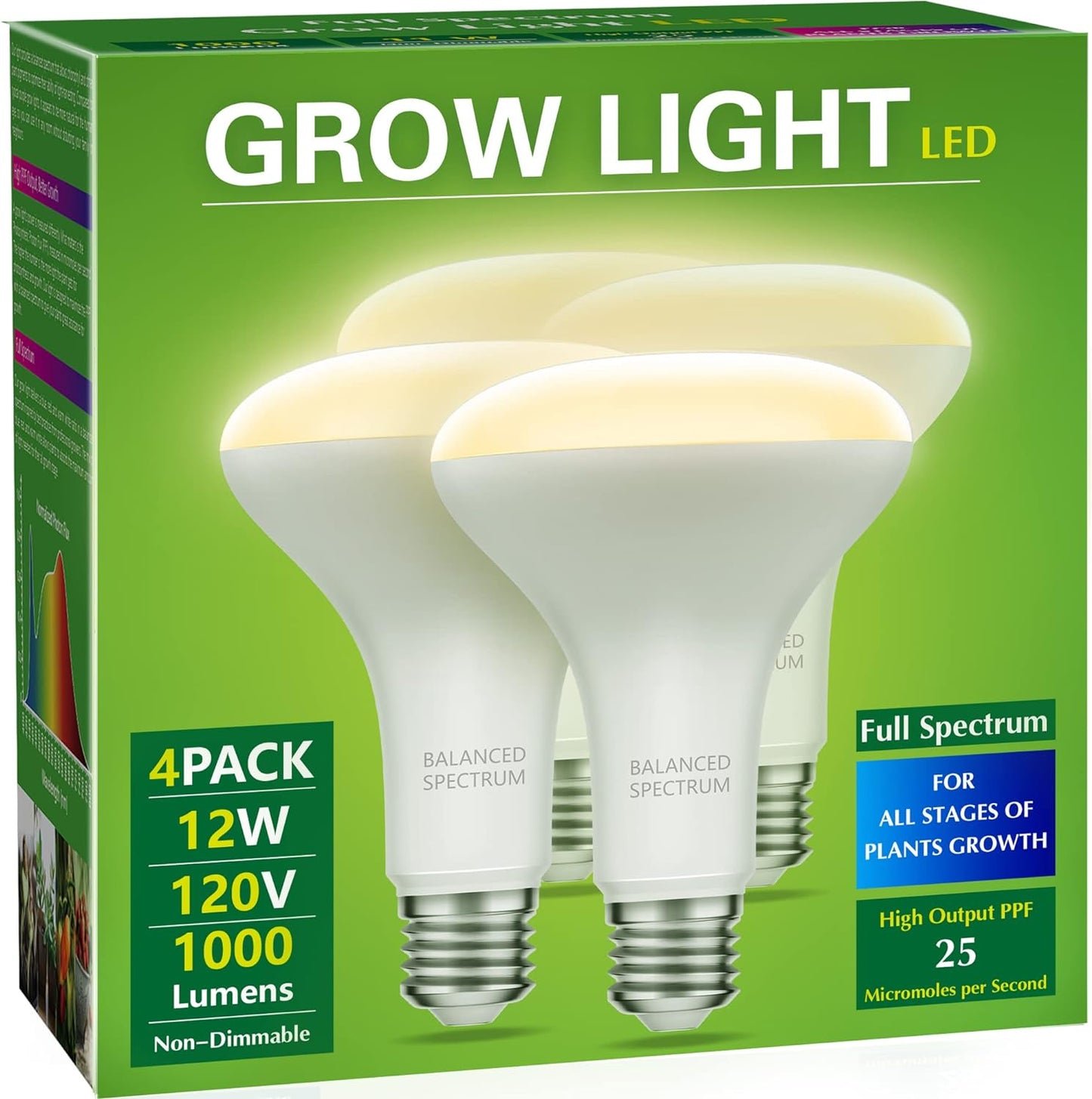 Briignite 4 Pack LED Grow Light Bulb, BR30 Grow Light Bulbs, Full Spectrum Grow Light Bulb 12W, 120W Equivalent, E26 Plant Light Bulbs, Grow Light for Indoor Plants, Seedlings, Greenhouse