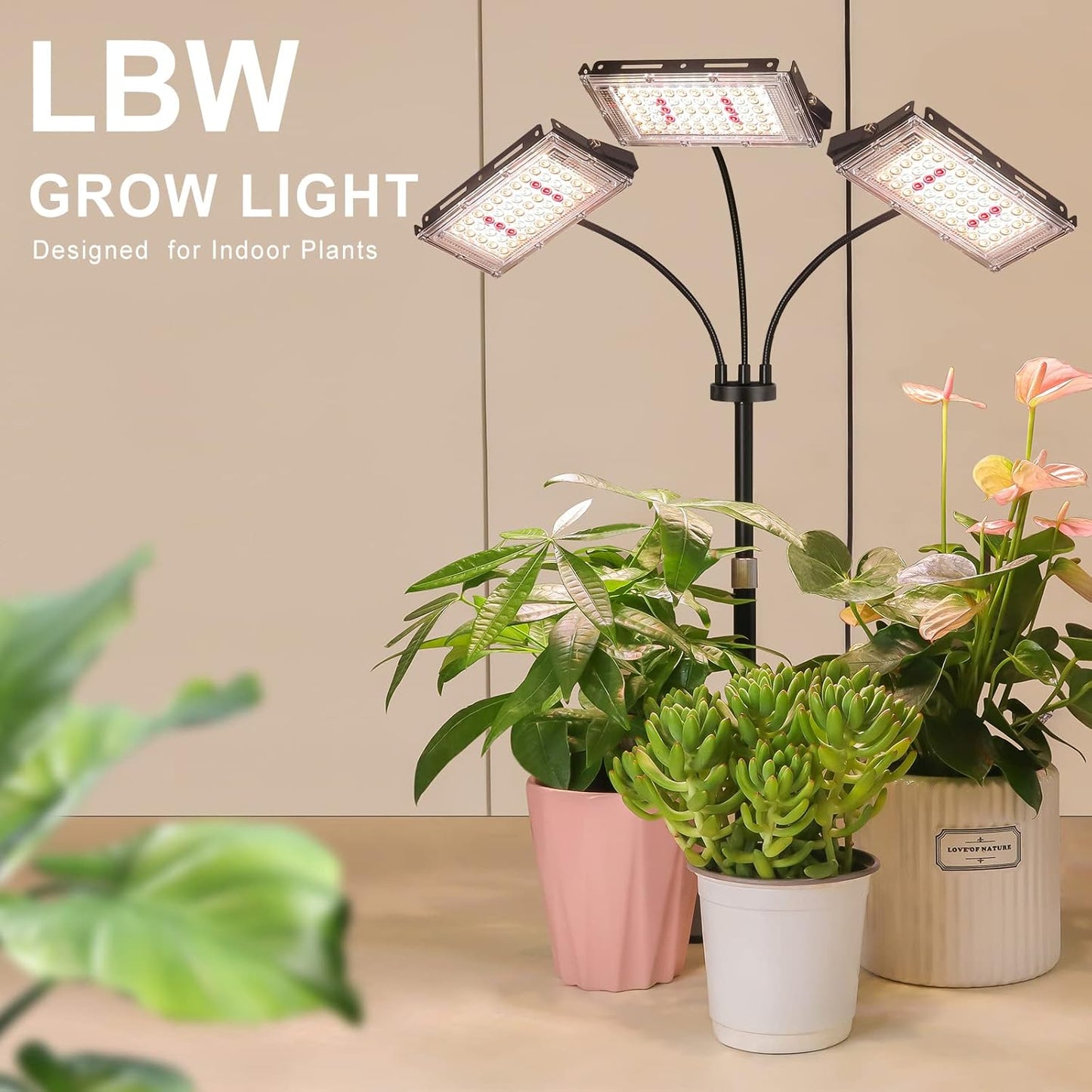LBW Grow Light for Indoor Plant,Full Spectrum Tri-Head Desk Plant Light,Grow Lamp with 3H/6H/12H Timer,6-Level Brightness,3 Lighting Mode,Height Adjustable,Flexible Gooseneck,Ideal for Indoor Growth