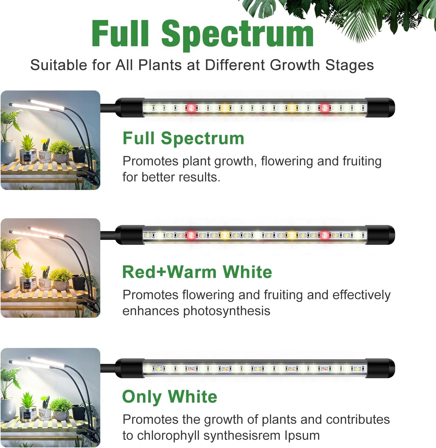 wolezek Grow Lights for Indoor Plants, 2 Pack 6000K LED White Plant Grow Lights Indoor, Full Spectrum Grow Lamp with Clip, Auto ON & Off Timer 6/12/16H, 3 Modes, 5-Level Dimmable Brightness