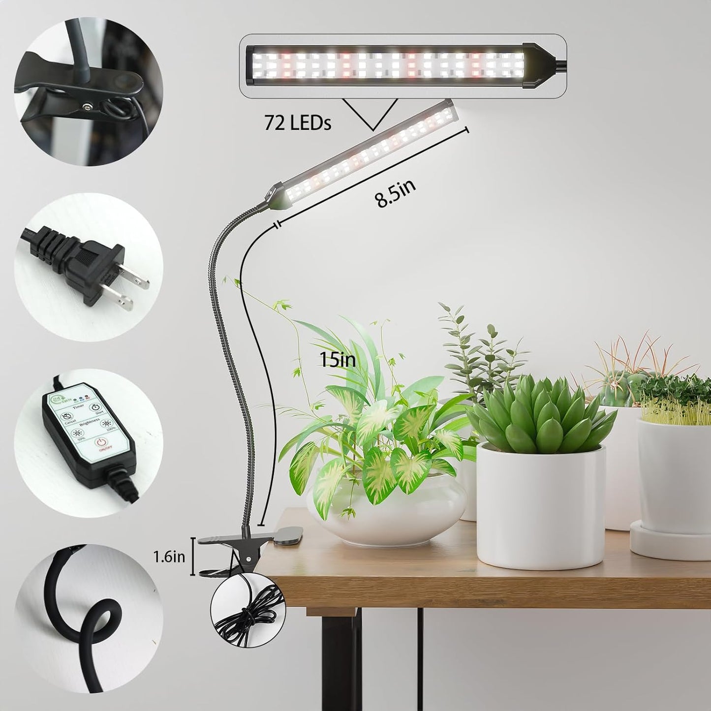 GooingTop Grow Light for Indoor Plants Growing,5000K White Full Spectrum Gooseneck Plant Lamp with Red Blue LED Clip Desk for Pot Plant Seed Starting,Dimmable with Auto Timer