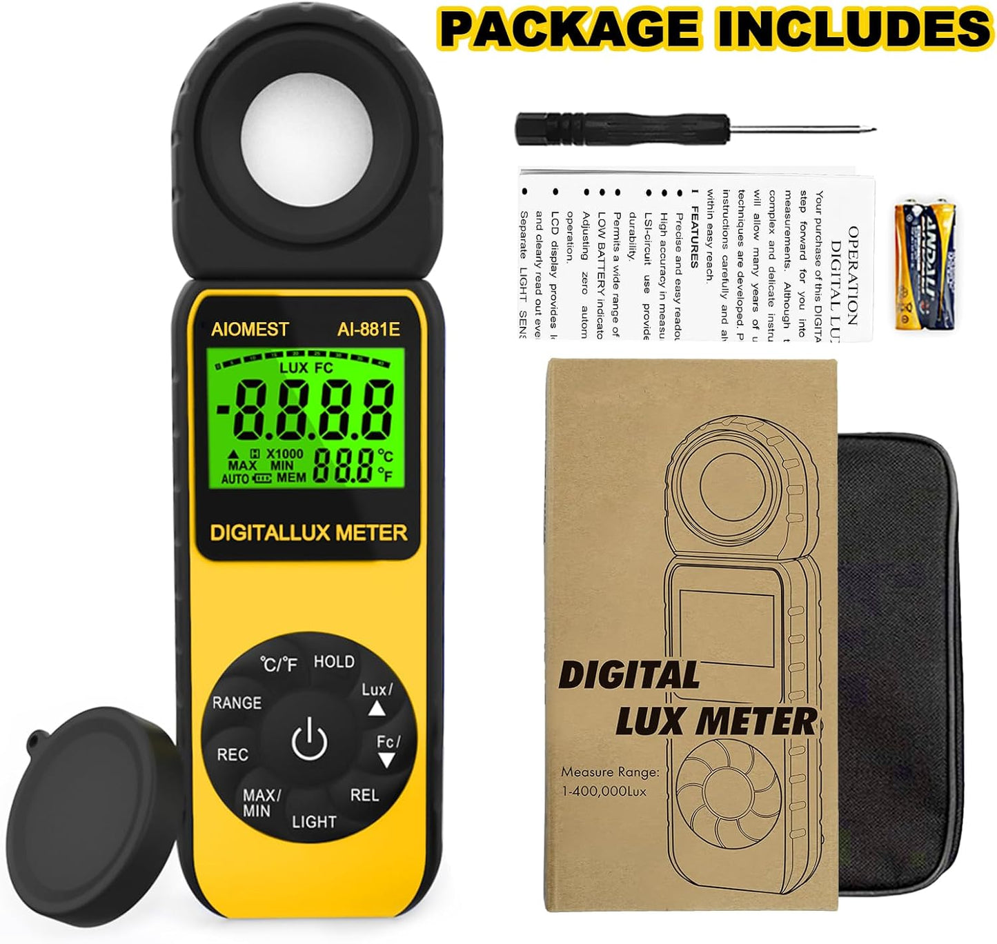 AIOMEST AI-881E Digital Light Meter, Handheld Foot Candle Meter for 0.1~300,000 Lux, Light Meter for LED Plant Grow Light, Indoor Outdoor Lights, Par Meter with 270°Rotatable Detector