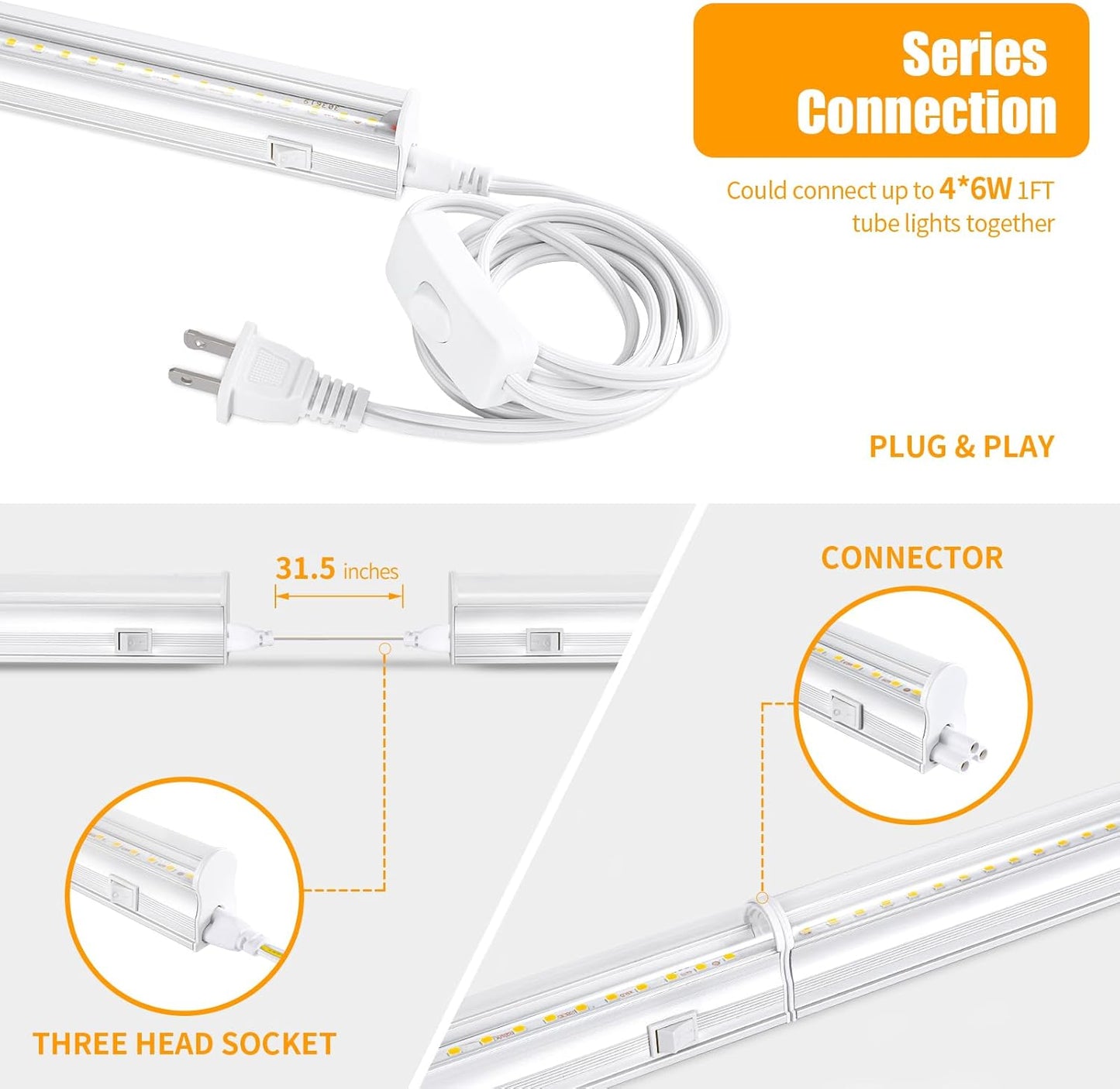 T5 1FT 0.3M 6W×4 White Light 5000K Grow Light Tubes,Full Spectrum LED Grow Lights,6W Energy Efficient,Plug & Play,for Hydroponics/Soil Seedlings Vegetables Herbs Flower (4 Packs)