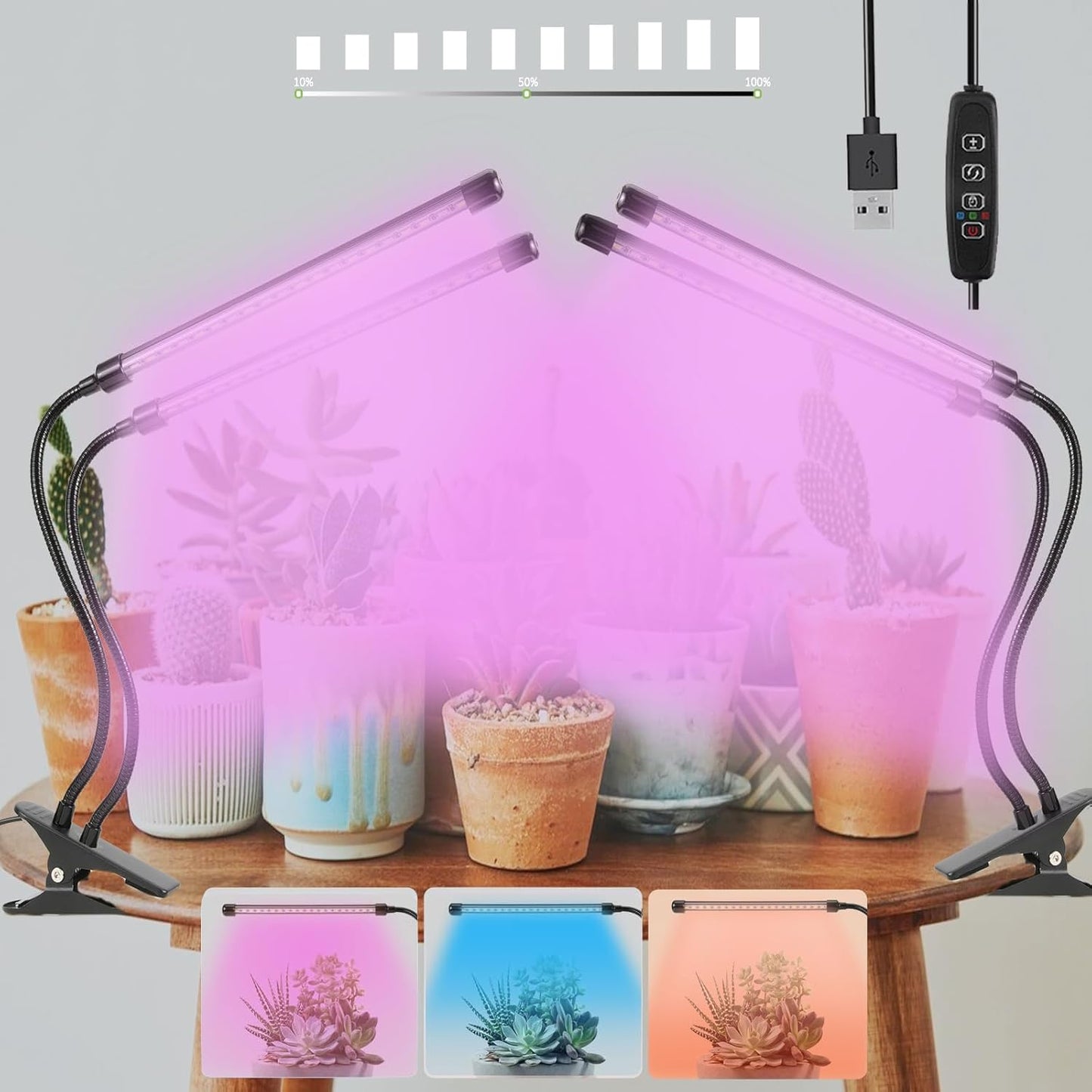 Sunny Power Grow Lights for Indoor Plants Full Spectrum, 6000K LED Plant Lights for Indoor Growing, Clip on Grow Lights for Seed Starting, Adjustable Auto Timer 3 Lighting Modes for Succulents, 2 Head