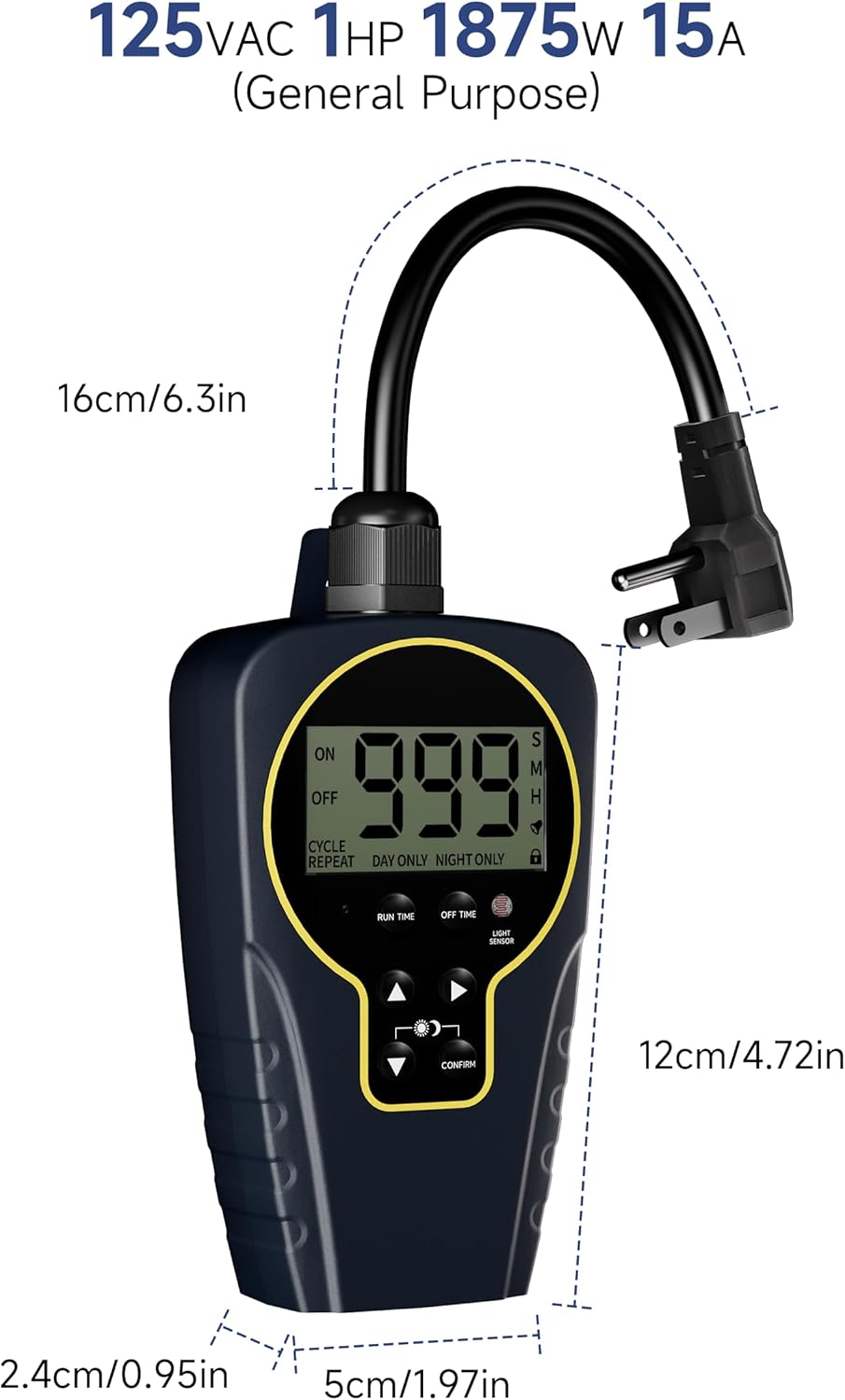 Techbee 1 s to 999 h Short/Long On-Off Interval Repeat Cycle Timer Plug Outlet with Countdown and Light Sensor, Waterproof for Outdoor (15A 1HP)