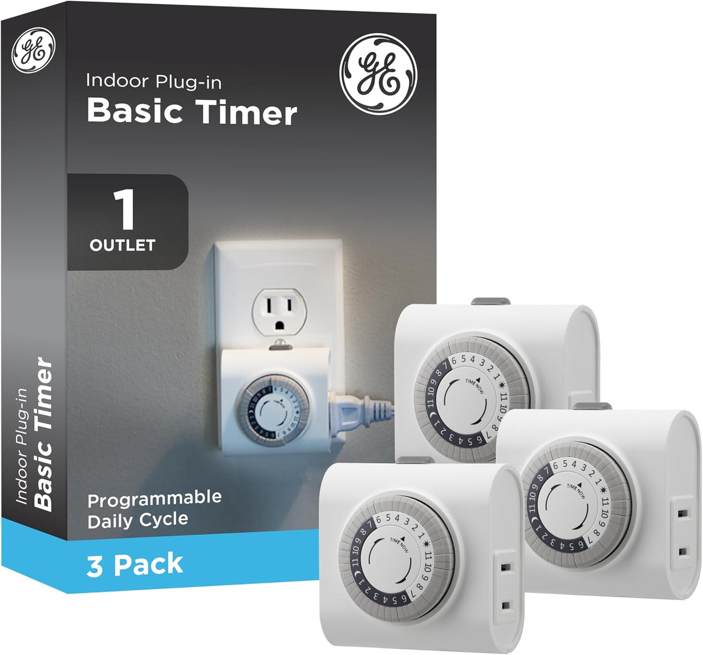 GE 24‑Hour Mechanical Outlet Timer Switch, Single Polarized Plug‑In Control for Indoor Lighting, Lamps, Christmas Trees and Seasonal Decor (3 Pack), 44801