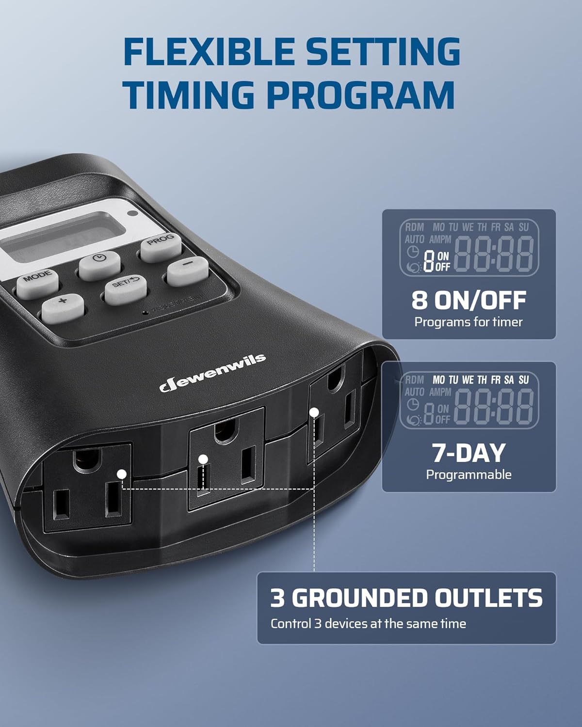 DEWENWILS Outdoor Digital Timer for Lights, 7-Day Programmable Plug in Timer with 3 Grounded Outlets for Landscape String Light, 15A, 1/3 HP UL Listed