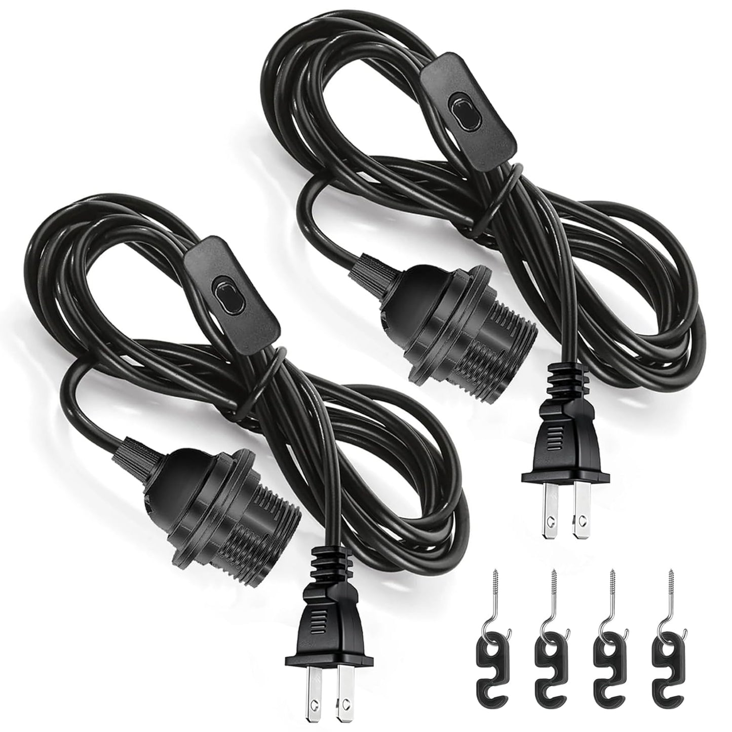 20Ft Pendant Light Cord, Black Plug in Hanging Lamp Kit E26 E27 Corded Light Socket with On/Off Switch, Socket Rings, UL Approval Extension Lantern Cable, 2 Pack