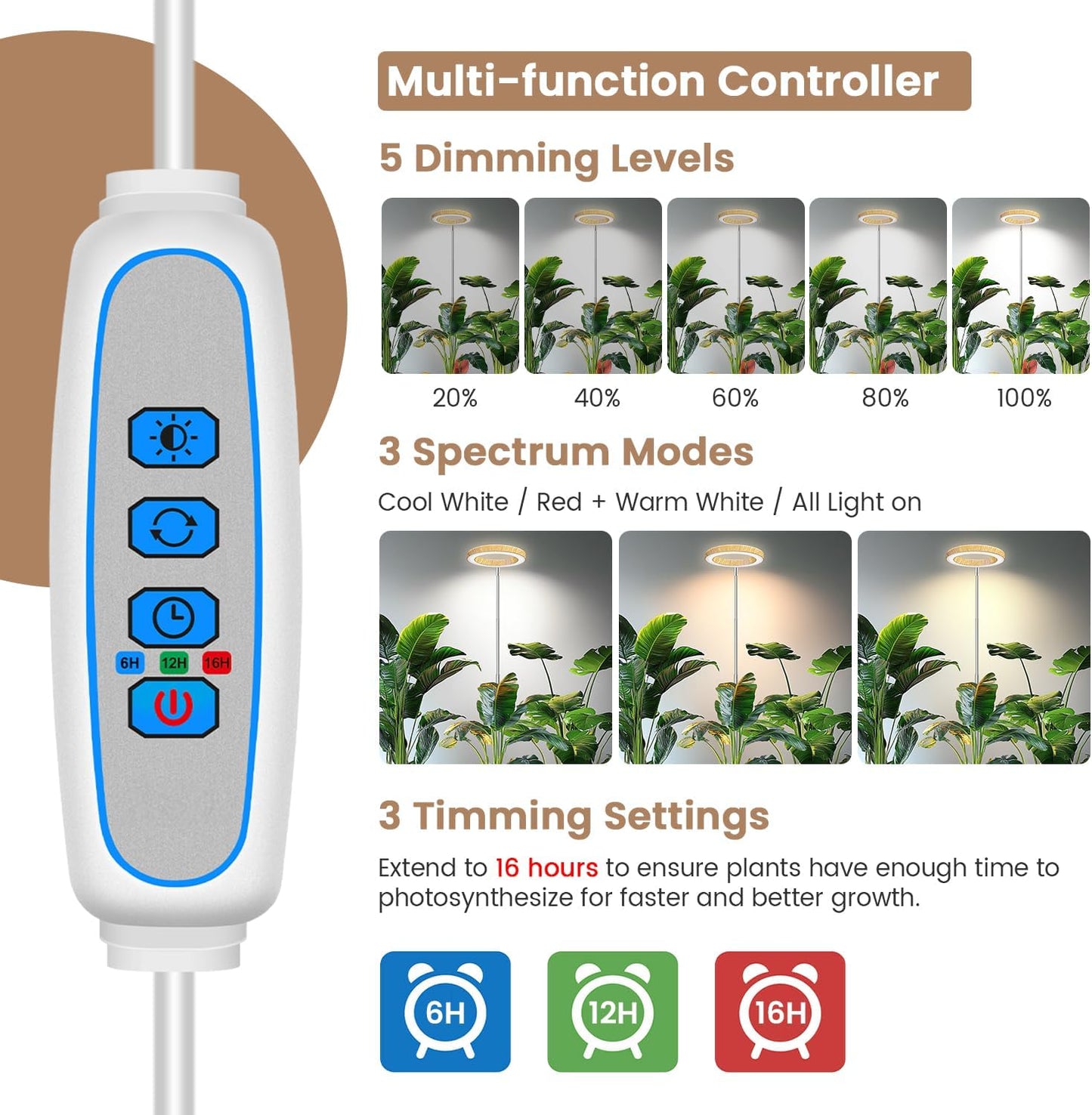 Kullsinss Grow Lights for Indoor Plants, Full Spectrum Plant Grow Light with 6/12/16H Timer, 3 Color Modes, 5 Brightness, 10"-65" Height Adjustable Growing Lamp for Large Indoor Plants (2 Pack)