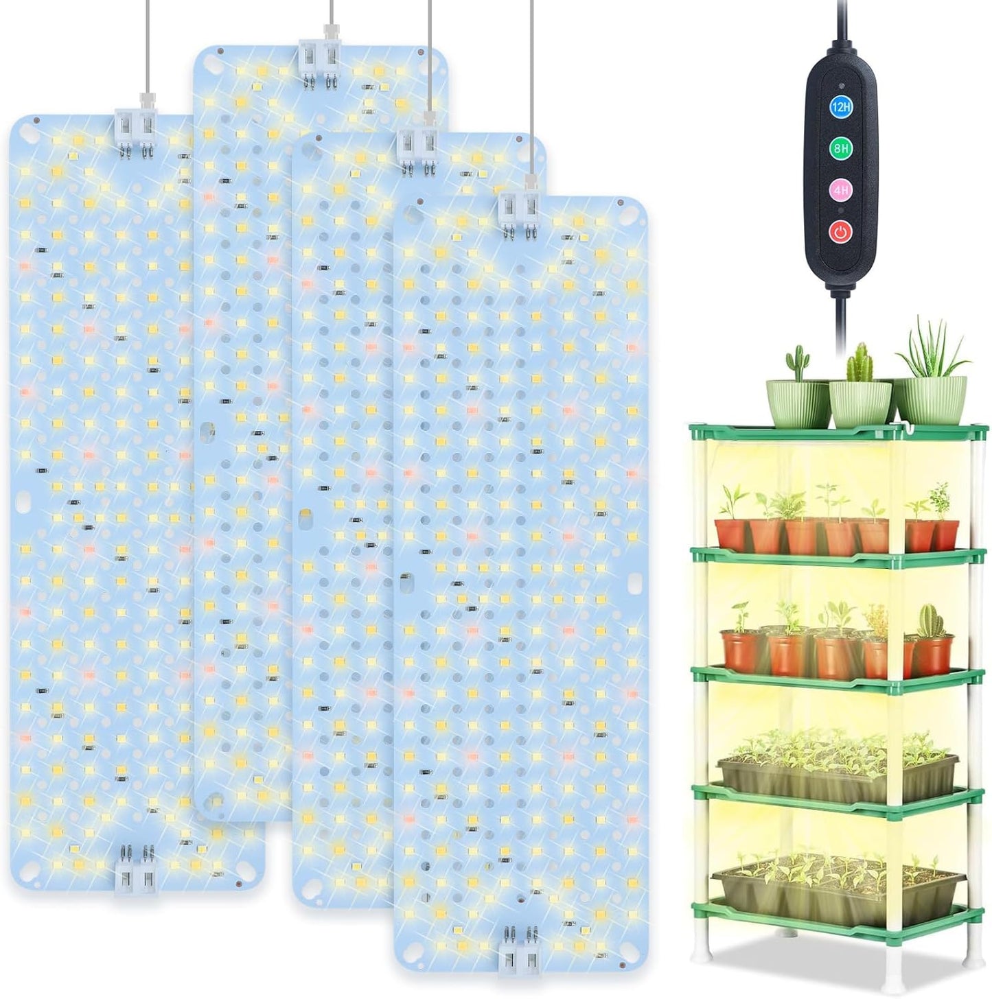 4Pack Panel Grow Lights for Indoor Plants, Seed Starting, Vegetables with 4/8/12/16/20 Hr Timer, 40W Full Spectrum LED Plant Growing Lamps for Cabinet/Shelves/Greenhouse, Plug-and-Play, Connect Freely
