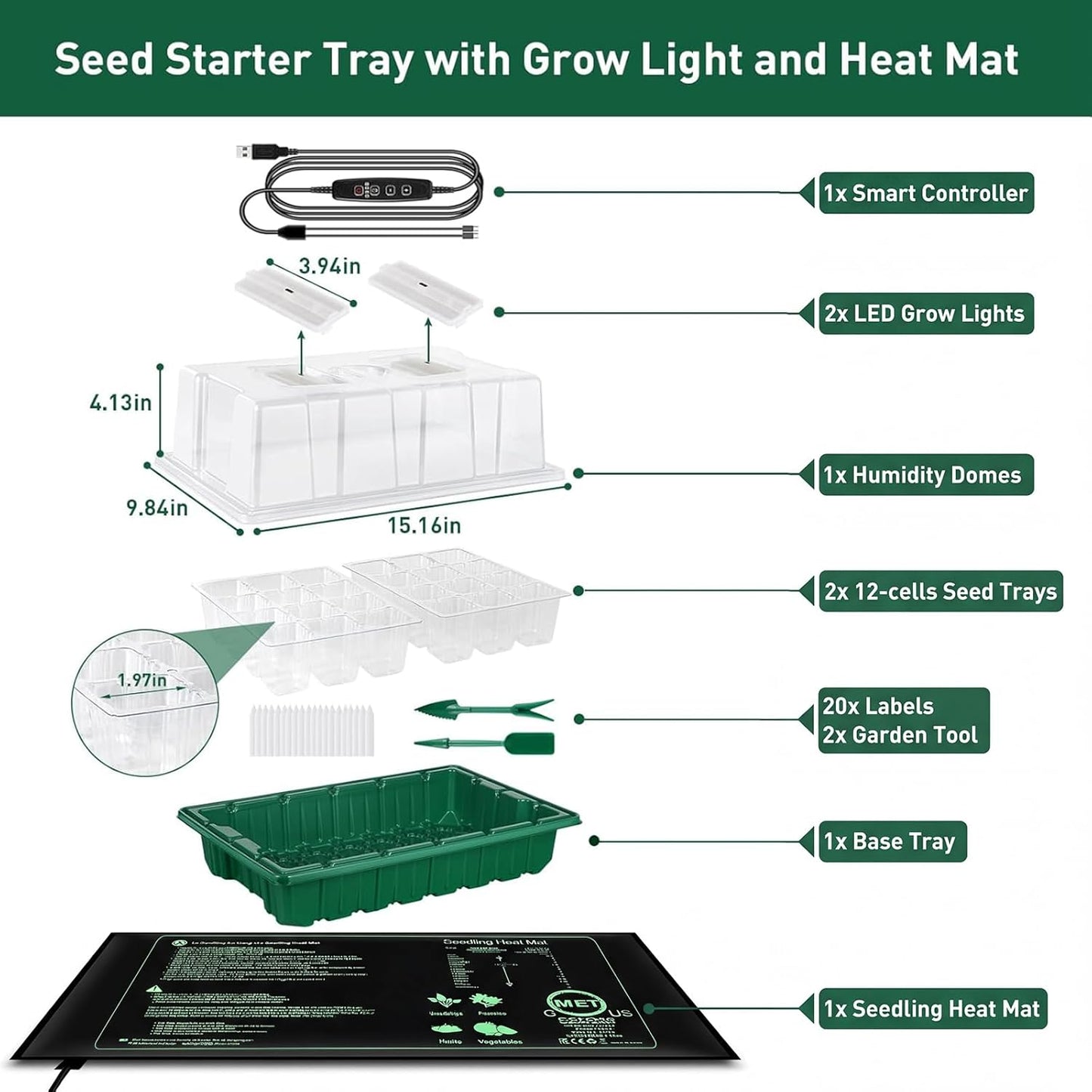 Verdenu Seed Starter Tray with Grow Lights and Heat Mat, Extra Large 24-Cell Seed Growing Tray with heightened Lid, Seed Trays with Humidity Domes for Propagation and Germination for Indoor Plants