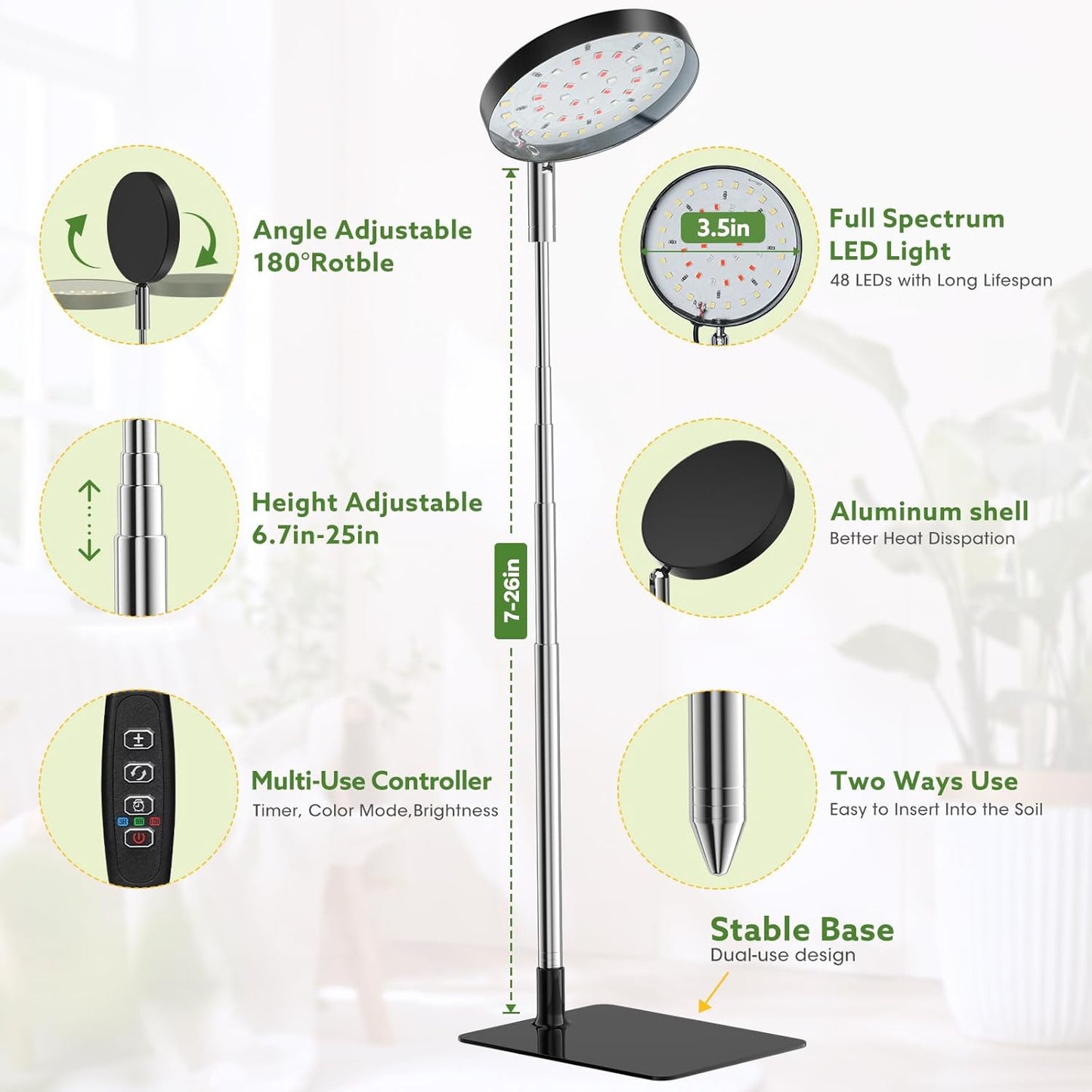 Grow Lights for Indoor Plants Full Spectrum, 48 LEDs Plant Light for Indoor Plants with 2 Mounting Options, 3 Optional Spectrums, 3/9/12Hrs, 10 Brightness, 2 Packs (Black)