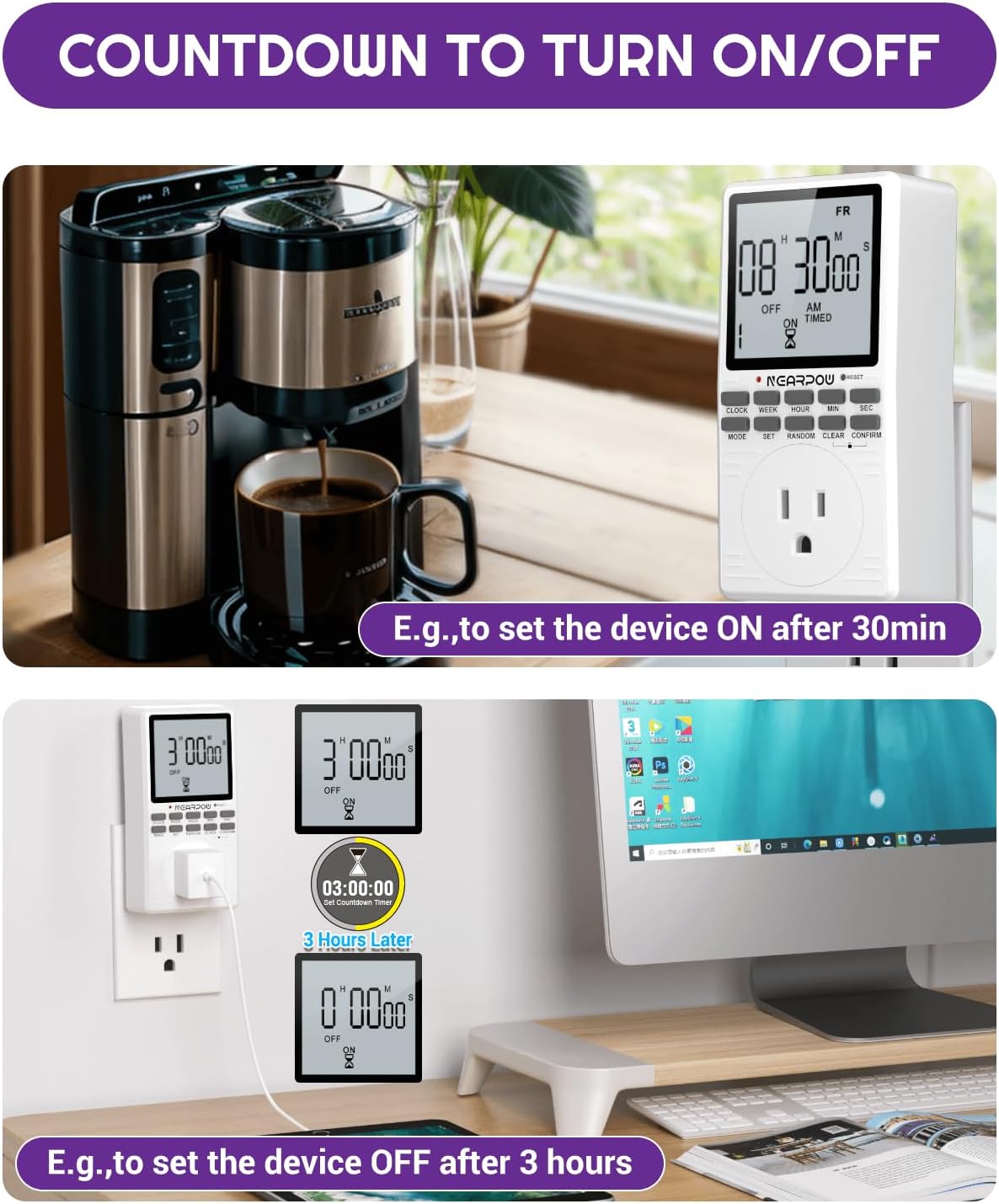 [2 Pack] Outlet Timer, NEARPOW Multifunctional Programmable Timer with Countdown and 7-Day Digital Infinite Repeat Cycle Intermittent, 19 ON/Off Programs for Electrical Outlets, 3 Prong, 15A/1800W