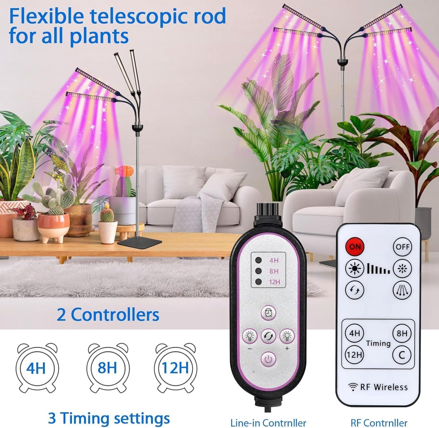 Grow Lights for Indoor Plants, 4 in 1 Full Spectrum Plant Lights for Indoor Growing with Adjustable Brightness On/Off Switch and Timer, Plant Grow Light liftable Height for Plant Growth and Flowe