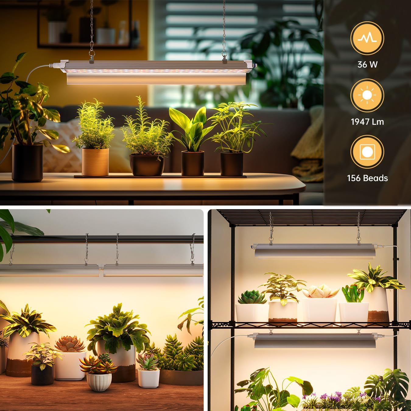 1.4FT Hanging Grow Light for Indoor Plants, Full Spectrum with 660nm Red LED, T5 2020T Light Fixture, 36W(2×18W) Grow Lamp with Reflectors for Seedling Tray, 2-Pack