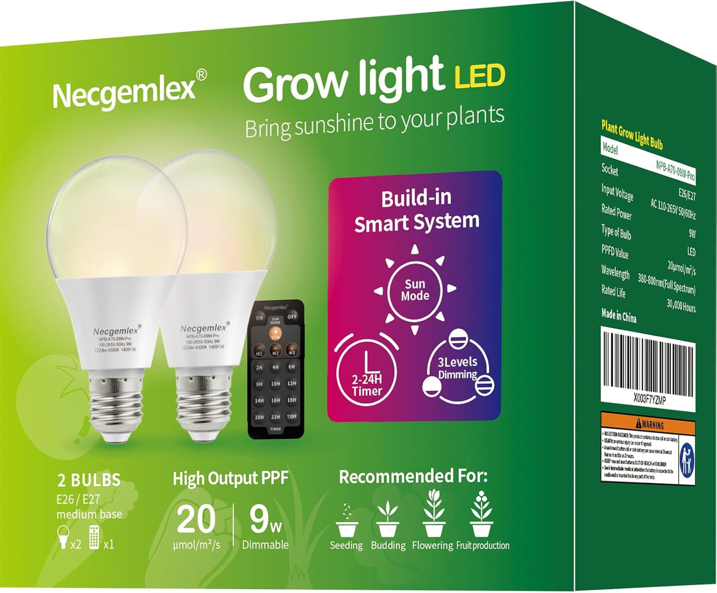 Smart LED Grow Light Bulbs with Remote Controller, Sun Mode, Built-in Daily Auto Timer, 4500K, A21/A70 E26/E27 9W Dimmable Full Spectrum Grow Bulbs for Indoor Plants, 2 Pack