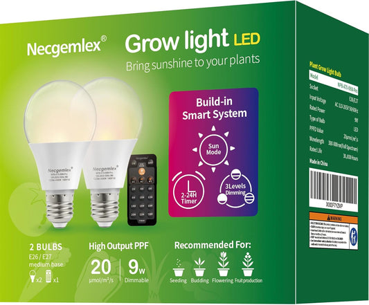 Smart LED Grow Light Bulbs with Remote Controller, Sun Mode, Built-in Daily Auto Timer, 4500K, A21/A70 E26/E27 9W Dimmable Full Spectrum Grow Bulbs for Indoor Plants, 2 Pack