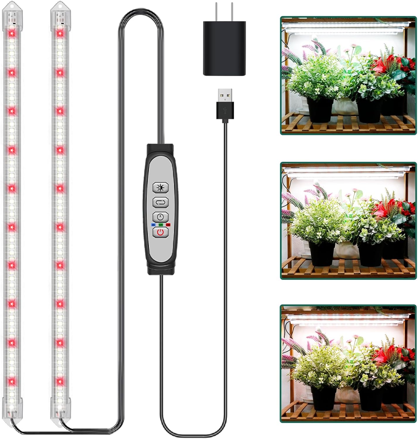 2-Bar Grow Light Strips for Indoor Plants, 16" Full Spectrum Plant Lights, 6500K Sunlike Grow Lights with 6/12/18H Timer, 5-Level Dimmable for Indoor Growing