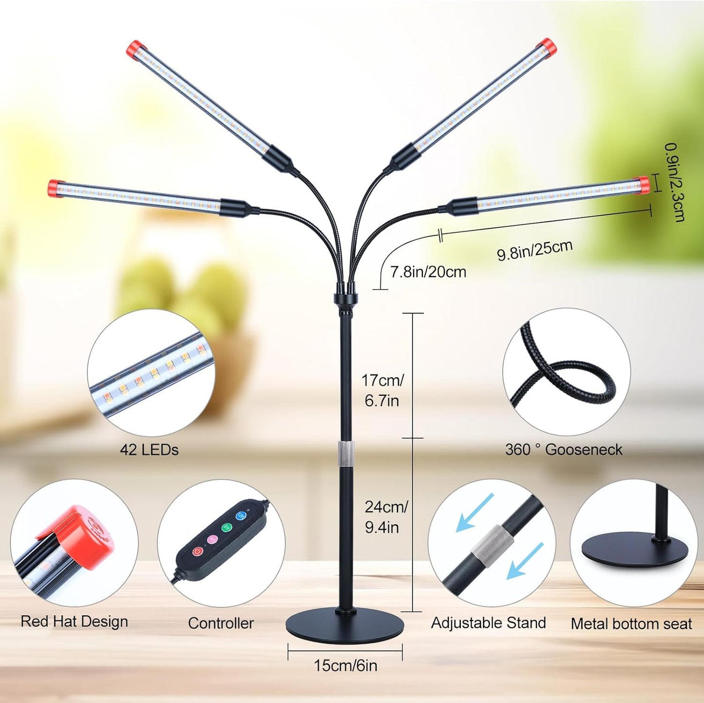 FECiDA 2026 4Head Table Top Grow Lights for Seed Starting, Indoor Plants, Bonsai, 36 Watt Power Draw, NO Need Adapter, 4/8/12/16/20H Timer, 16"-24" Height Adjustable