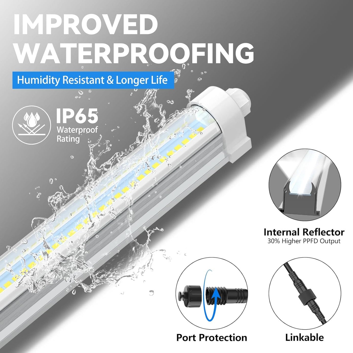 JESLED Waterproof Grow Lights for Indoor Plants, 4FT Full Spectrum 5000K LED for Seed Starting, Seedling & Veg, 96W (2 x 48W, 600W Equiv), Linkable Sunlight Grow Light Strip, Plug and Play,2-Pack