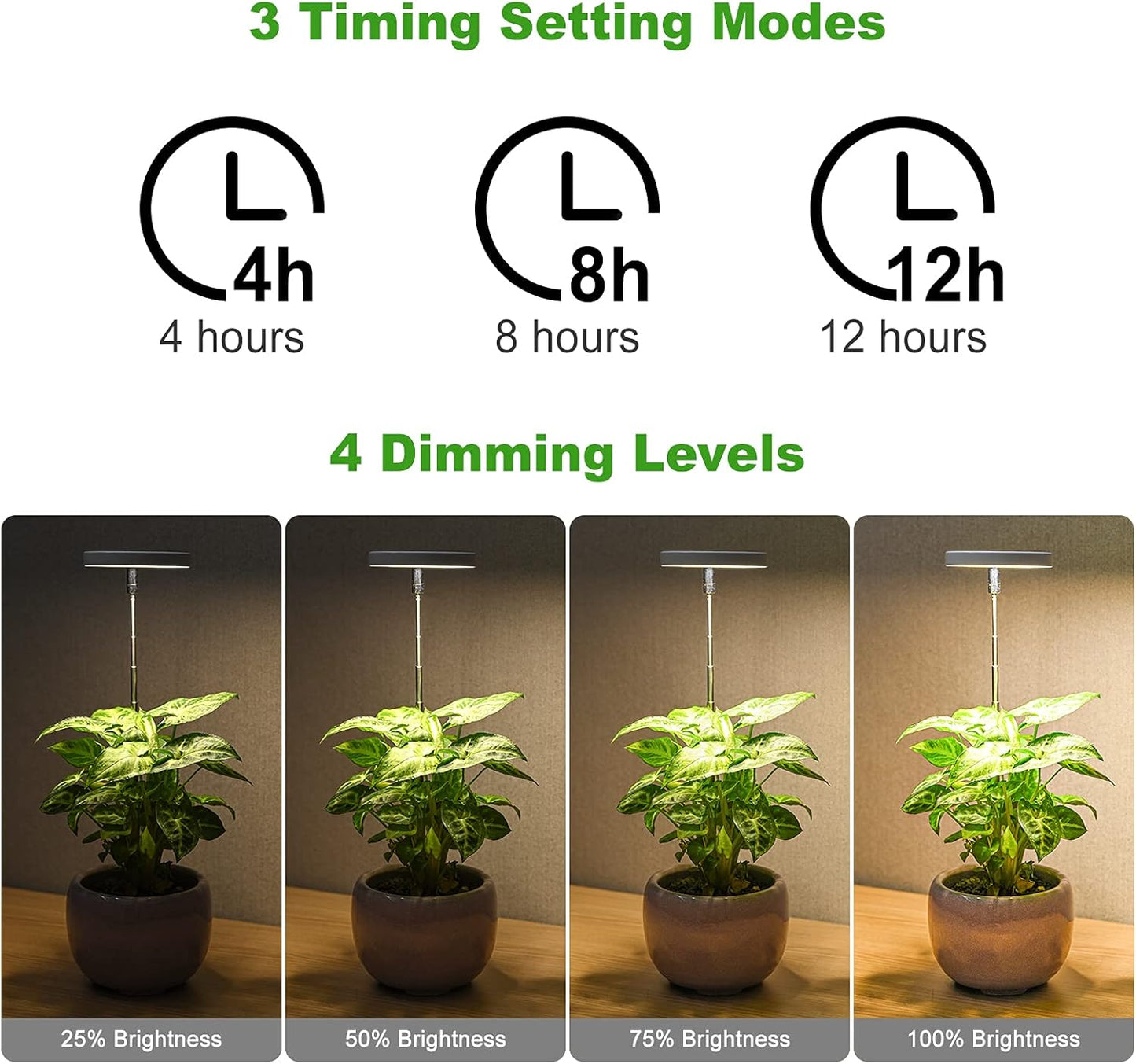 LORDEM Grow Light, Full Spectrum LED Plant Light for Indoor Plants, Height Adjustable Growing Lamp with Auto On/Off Timer 4/8/12H, 4 Dimmable Brightness, Ideal for Small Plants, 2 Packs