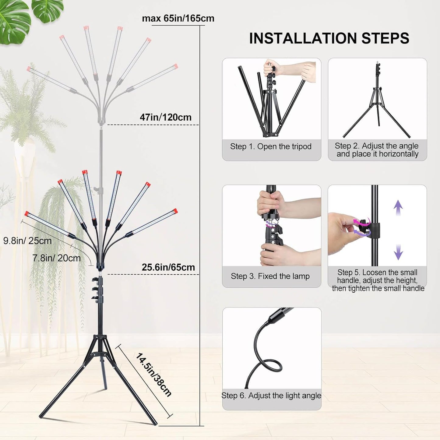 54 Watt Grow Lights for Indoor Plants with Stand, Standing Tall Plant Light, 4,8,12,16,20H Timer, Full Spectrum Bonsai Tree Grow Light, 24"-64" Adjustable Tripod Stand Plant Growing Lamps