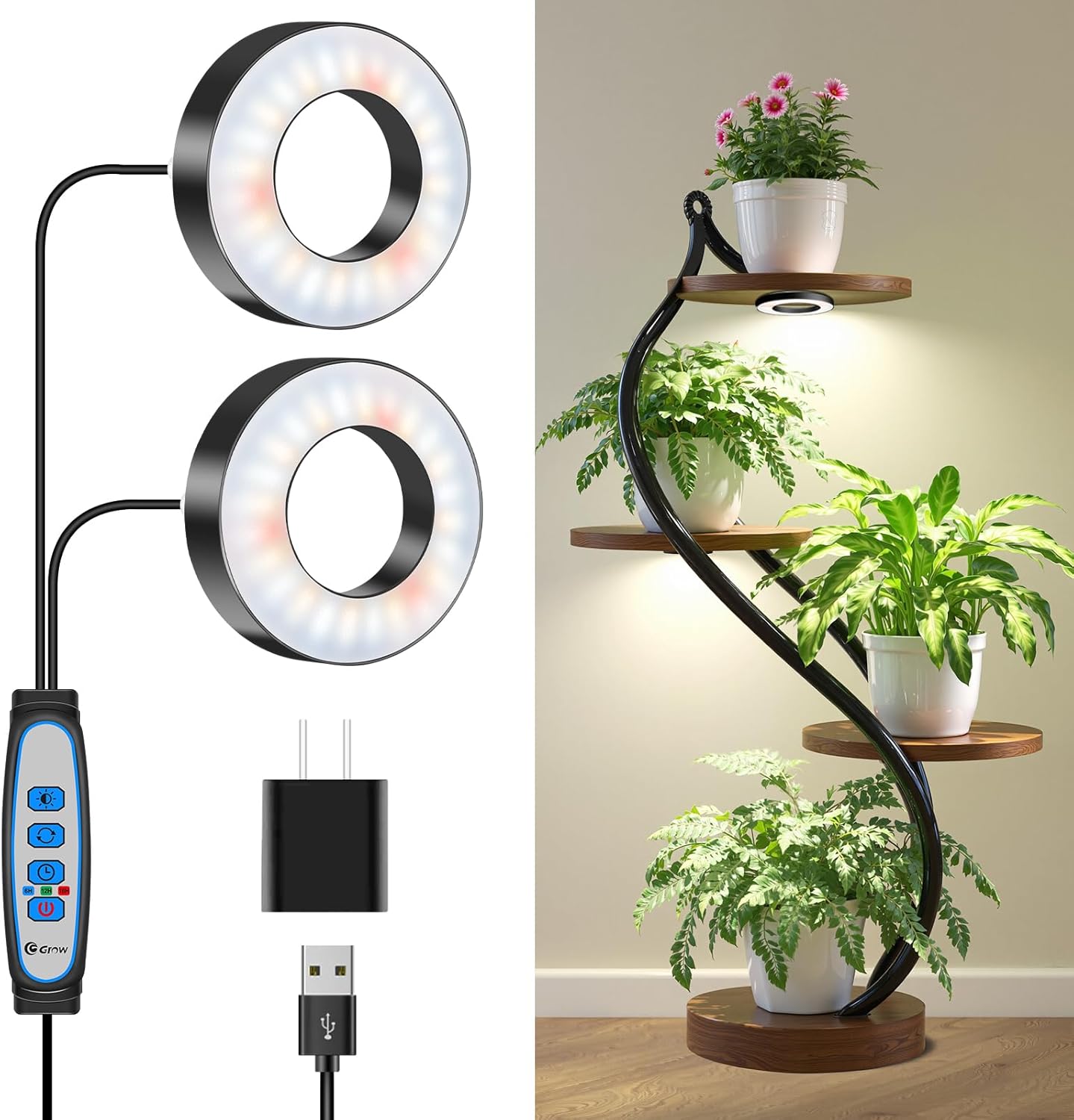 Wiaxulay Grow Lights for Indoor Plants, 96 LEDs Full Spectrum LED Plant Grow Light, 5V/2A Under Cabinet Grow Lamp with Auto Timer 6/12/16 Hrs, 3 Lighting Mode, 5 Brightness, Two Head (3.5in)