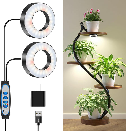 Wiaxulay Grow Lights for Indoor Plants, 96 LEDs Full Spectrum LED Plant Grow Light, 5V/2A Under Cabinet Grow Lamp with Auto Timer 6/12/16 Hrs, 3 Lighting Mode, 5 Brightness, Two Head (3.5in)