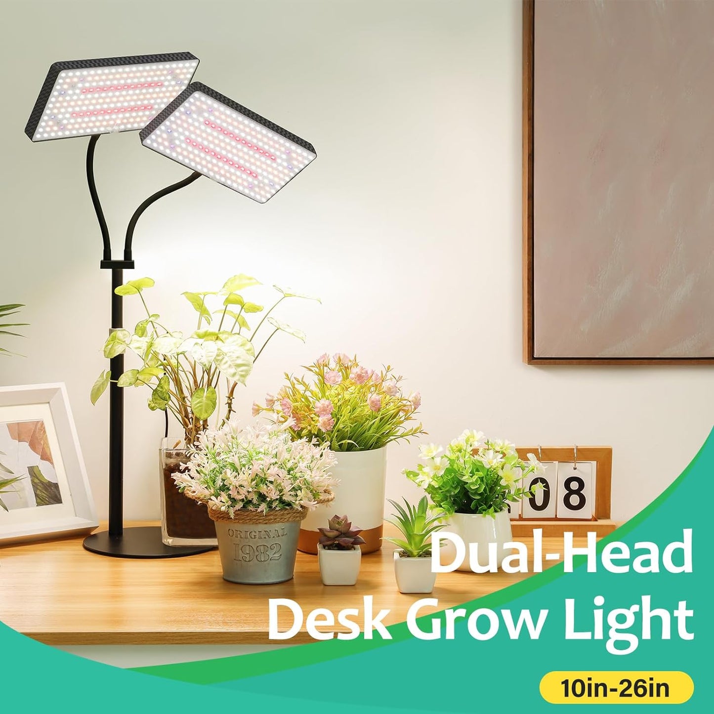 LBW Upgraded Desk Grow Lights for Indoor Plants, Dual-Head 428 LED Tabletop Full Spectrum Grow Light, with 3/6/12H Timer, 6 Brightness Levels, 3 Lighting Modes, Height Adjustable for 10-26 inches
