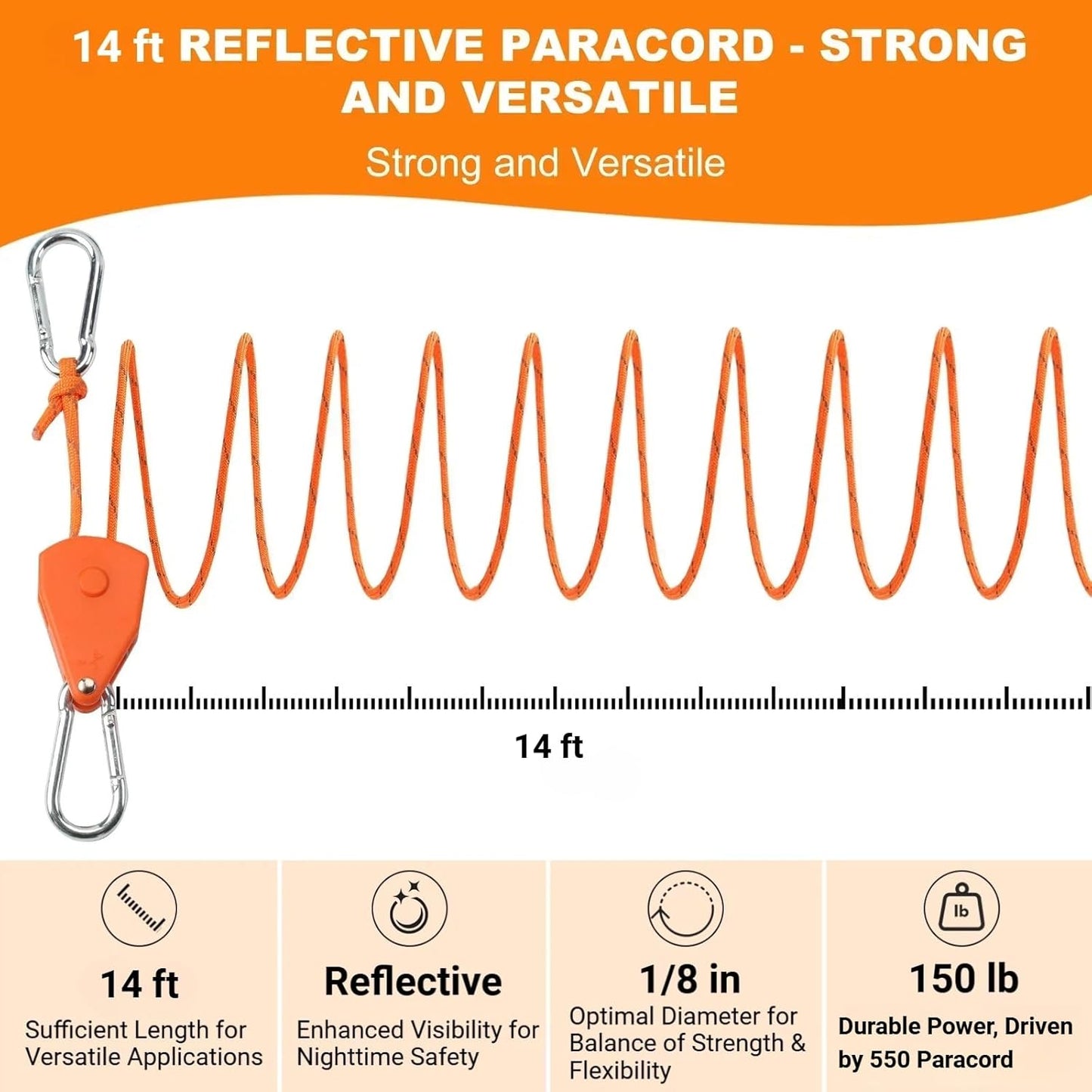 Longer 14ft Retractable Paracord Rope Tie Down Ratchet Strap Small Straps Mini Rope Cam Lock Tent Canopy Tie Down Adjustable Outdoor Windproof Tightener Tensioner Hanger Grow Light 6 Pack 1/8"