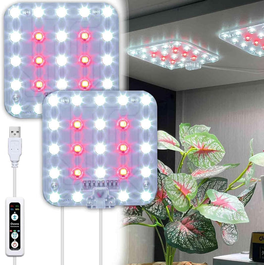 Full Spectrum LED Grow Light for Indoor Plants, 2 Panels 10W with 6/12/16h Timer Dimmable Plant Lights for Flower Veg Plant Growth USB, Daylight White, 1-Pack