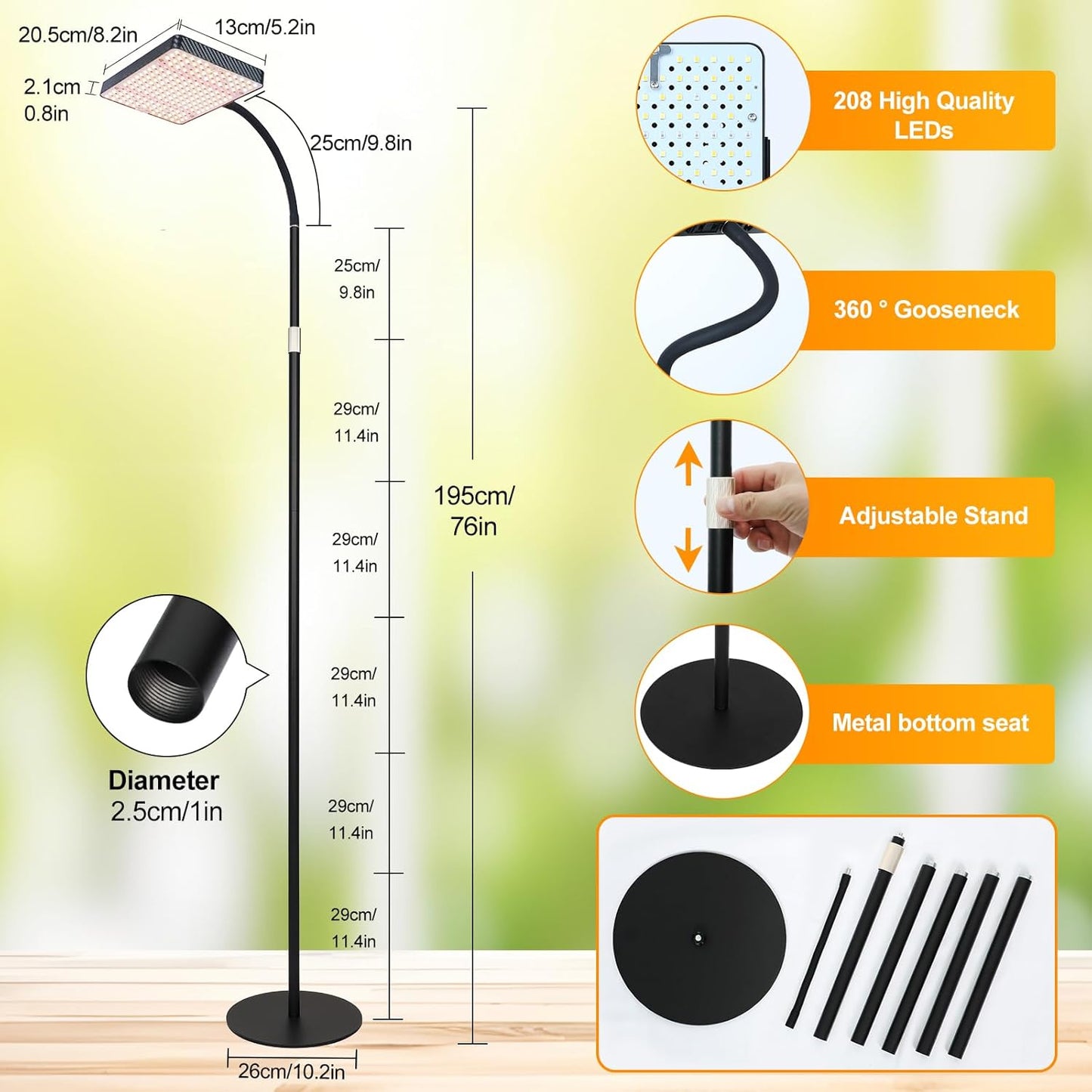 FECiDA 2026 Floor Grow Light, Standing Grow Lights with Stable Round Base for Indoor Plants, Bonsai Tree, 4/8/12/16/20 Hr Timer, 25 Watt Power Draw, NO Need Adapter, 40"-76" Height Adjustable