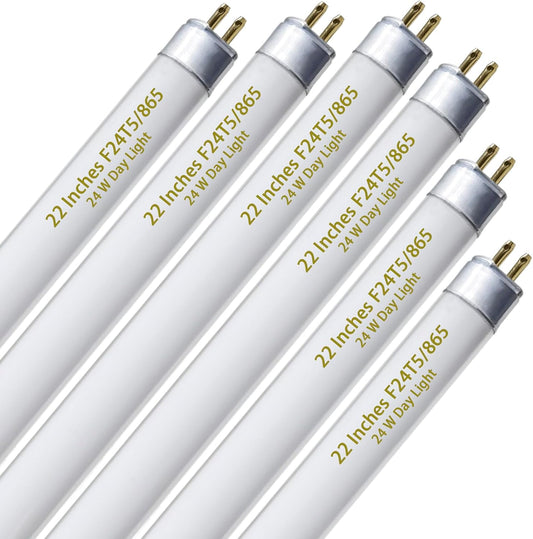 F24T5/865 6 Pack 22 Inch T5 Fluorescent Grow Light Bulbs, 24W 6500K Full Spectrum, 2000 Lumens, High Output (HO) Bulbs for Indoor Plants, Seedlings, Veg Growing, Sunlight White, Energy Efficient