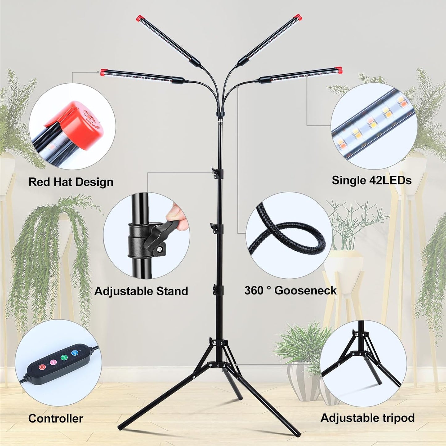 FRGROW 4Head Grow Light with Stand for Tall Indoor Plants, Bonsai Tree, Bright Full Spectrum Plant Growing Lamps, 4/8/12/16/20H Timer, 36 Watt Power Draw, NO Need Adapter, 360° Gooseneck