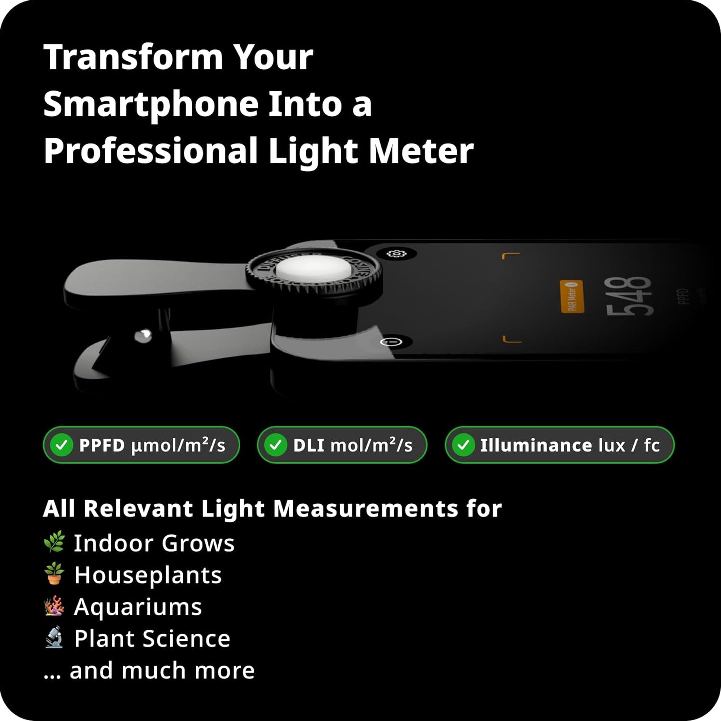 Lightray Mobile Light- and PAR Meter | Smartphone-Based PPFD, DLI, Illuminance Meter with Photone App