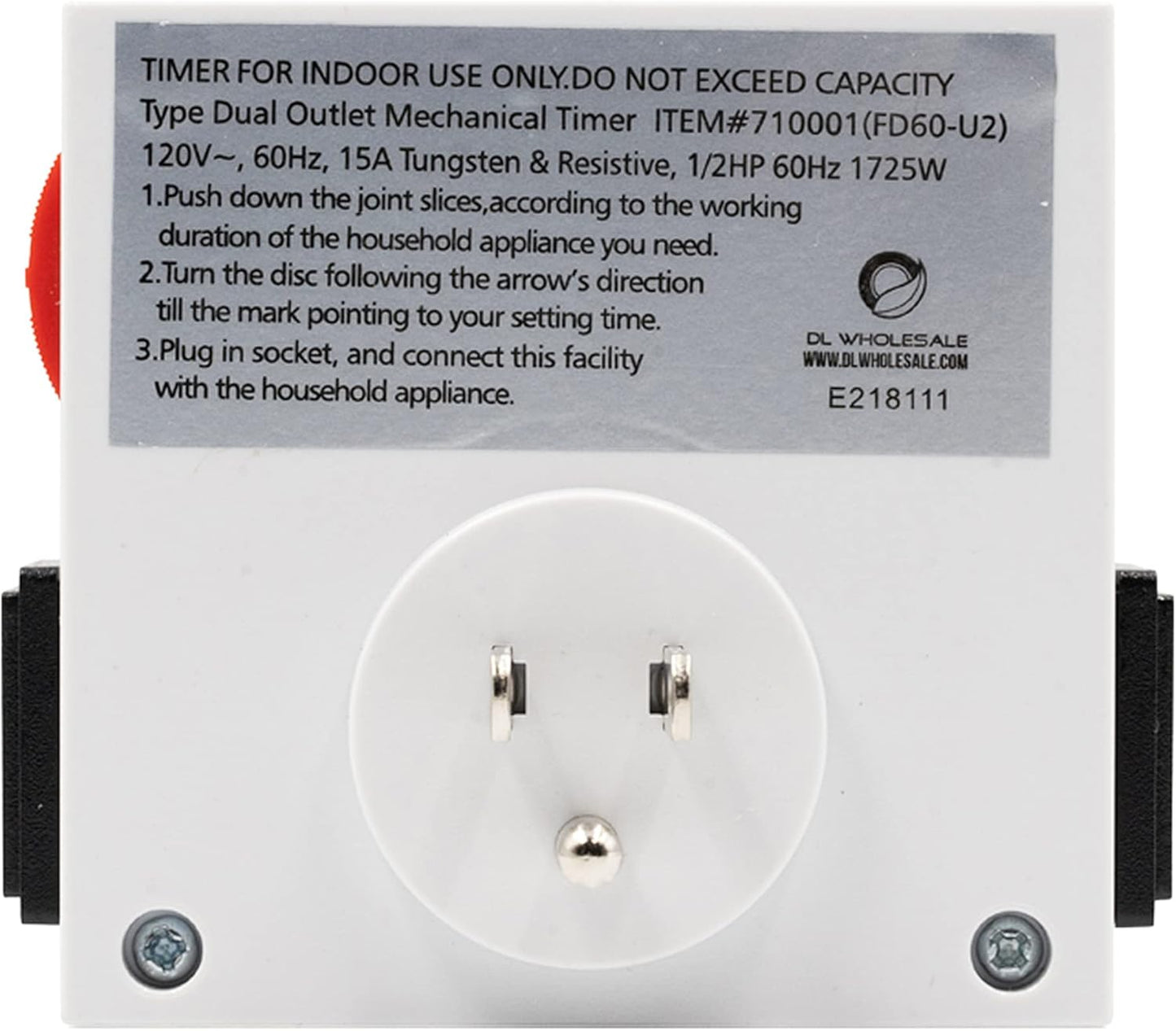 Grow1 Dual Outlet Mechanical Timer 24 Hour Hydroponics Grow Light Timers Electrical Outlets, Universal Wall Plug 3-Prong Grounded Outlet, UL Listed, 120v