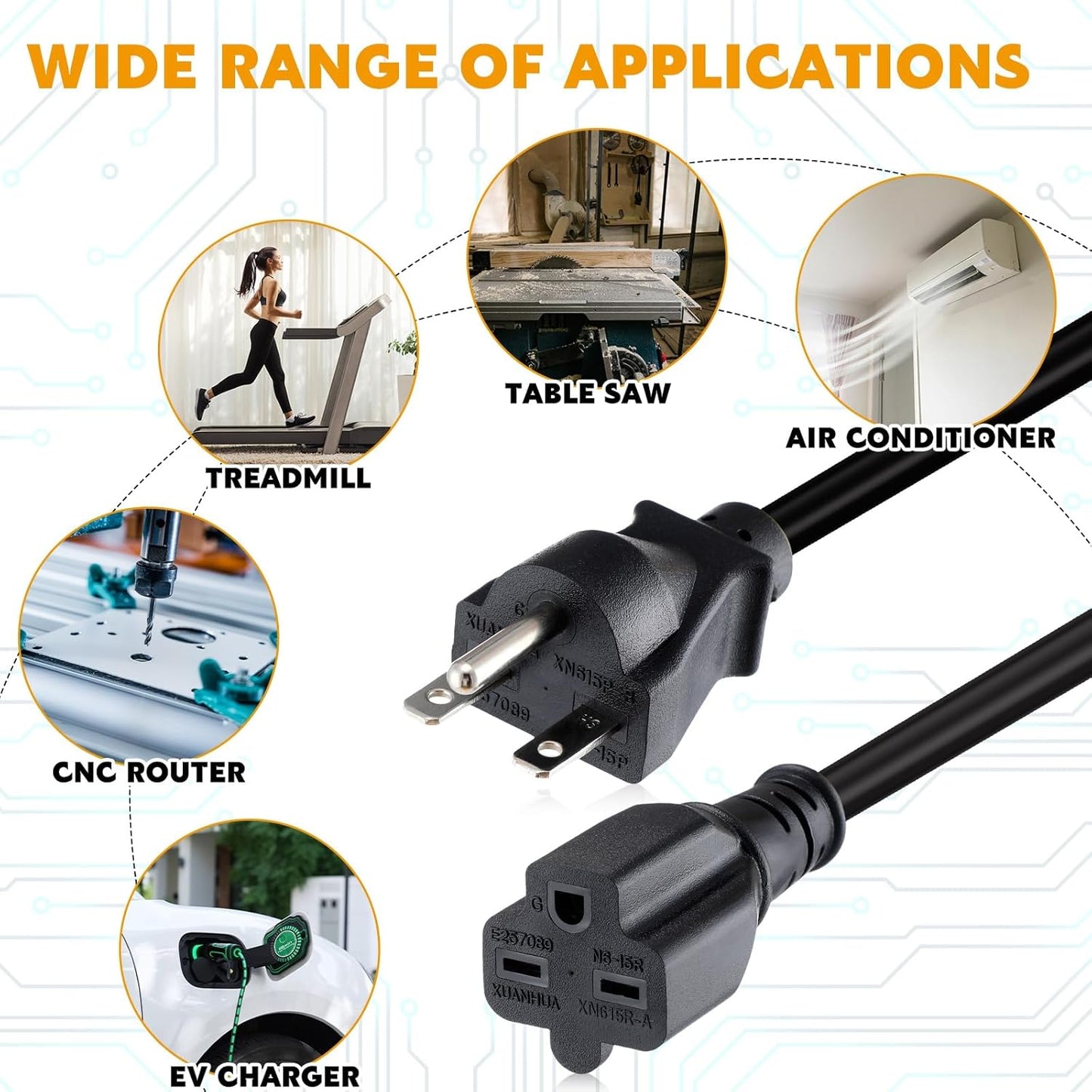 Tellegloww 15ft NEMA 6-15 Extension Cord 6-15P Male to 6-15R Female, 15 AMP Power Cable for 220/240V Air Condition, LED Grow Lights, Digital Ballast Power Cord Heavy Duty 14/3 AWG, 240V, 3750W, Black