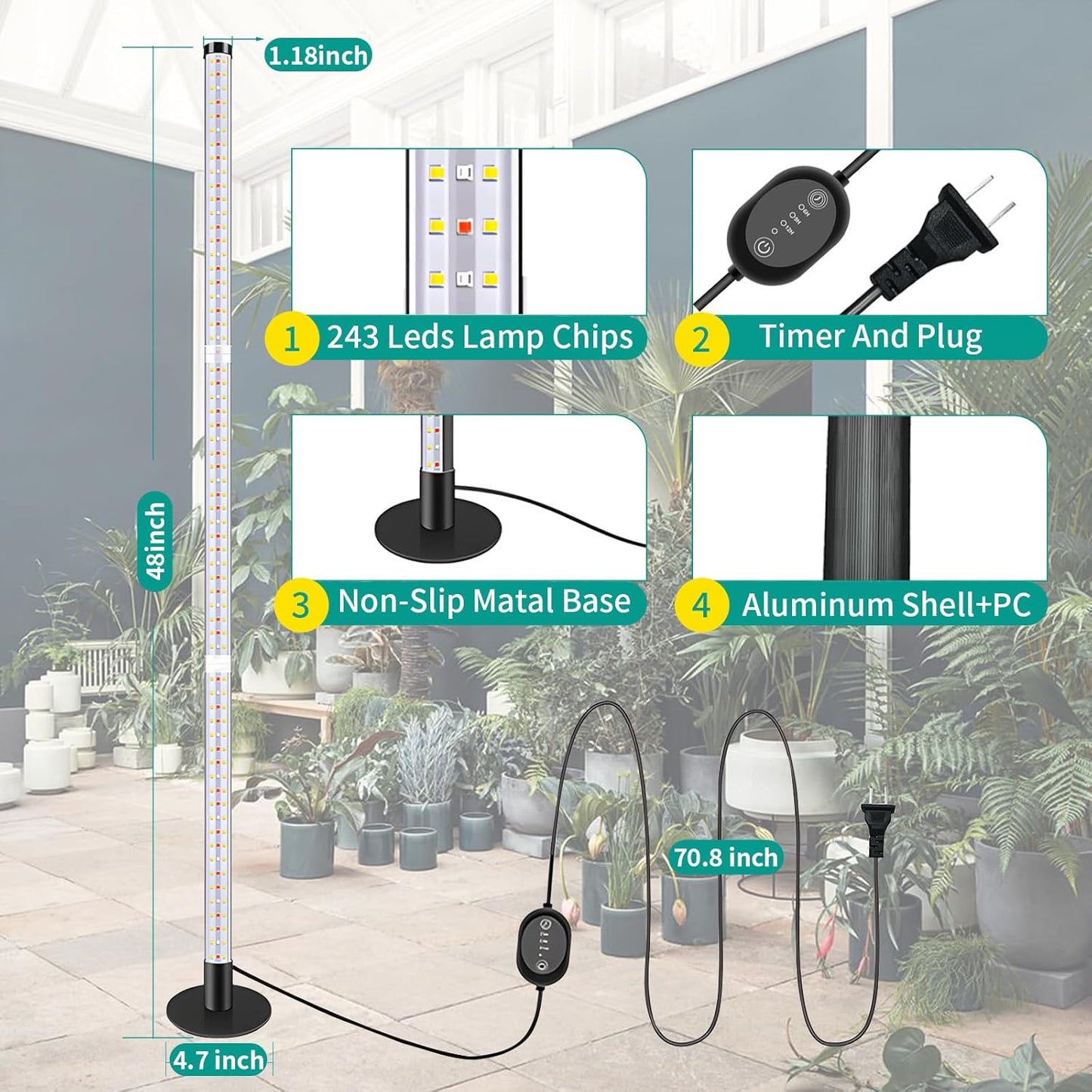 Grow Lights for Indoor Plants, 243 LEDs Plant Growing Lights with 3 Color Changing Red Blue Full Spectrum, 48inch Height Standing Indoor Plant Grow Lamp with 6/9/12H Timer for Indoor Plants