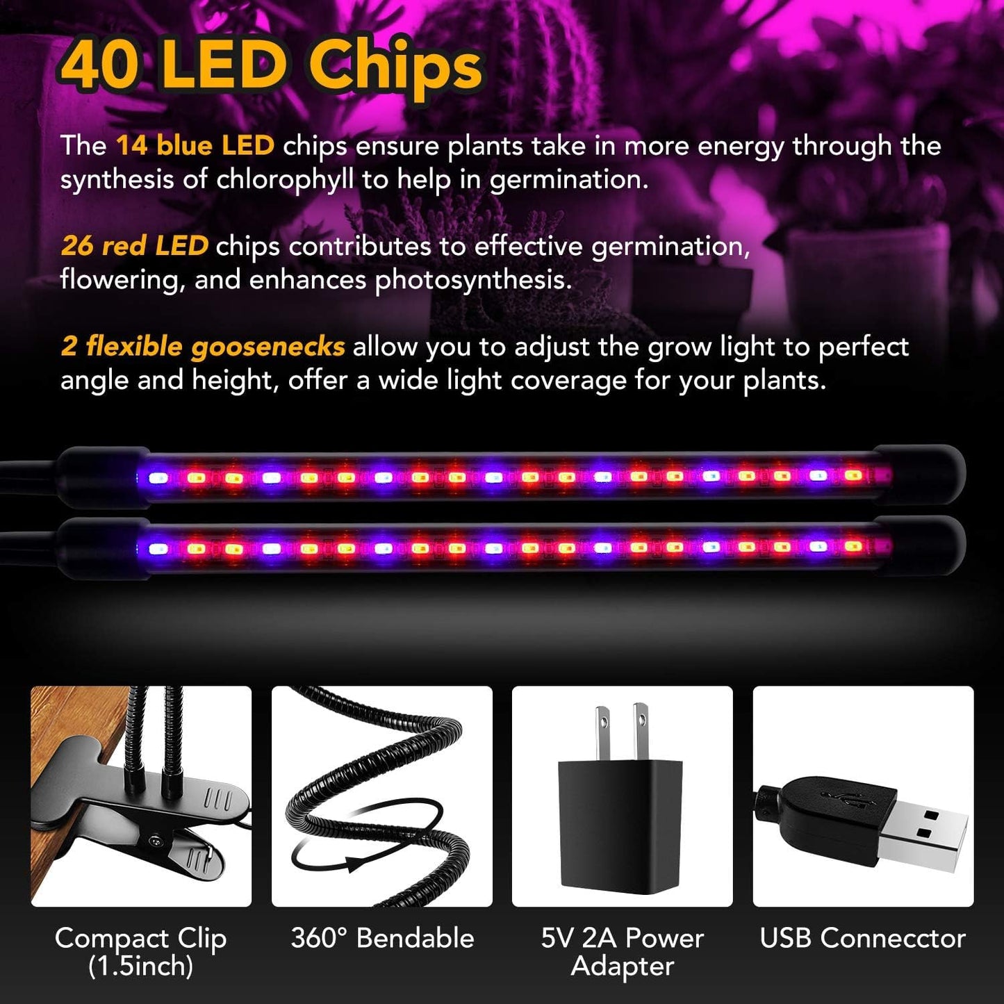 iPower LED Grow Lights for Indoor Plants, Red Blue Spectrum Dual Head Lamp Strips, 11-Level Dimmable, Auto On Off Timing 3 9 12Hrs