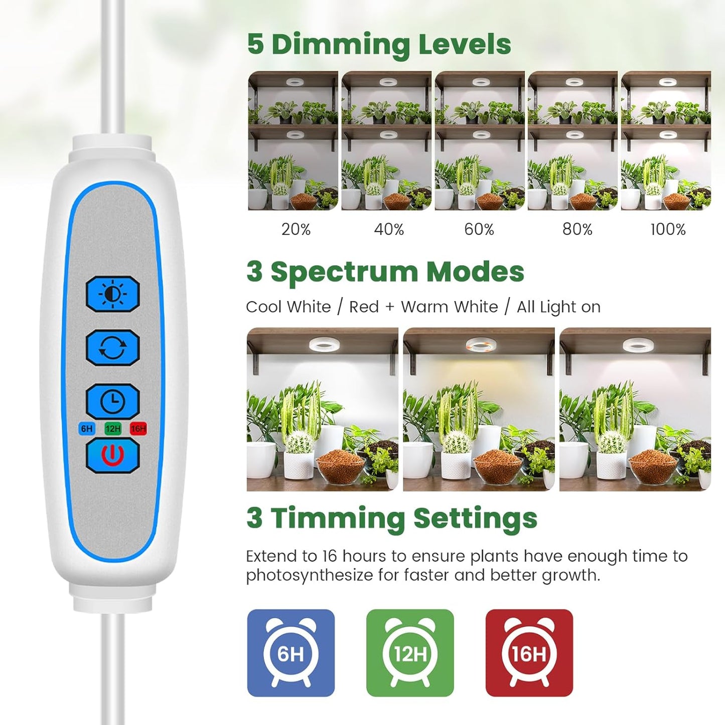 Kullsinss Plant Light, 6 Heads 12V3A Full Spectrum LED Grow Lights for Indoor Plants, 3.5" Under Cabinet Grow Lamp for Small Plants with 6/12/16H Auto Timer, 3 Spectrum Modes, 5 Brightness Levels