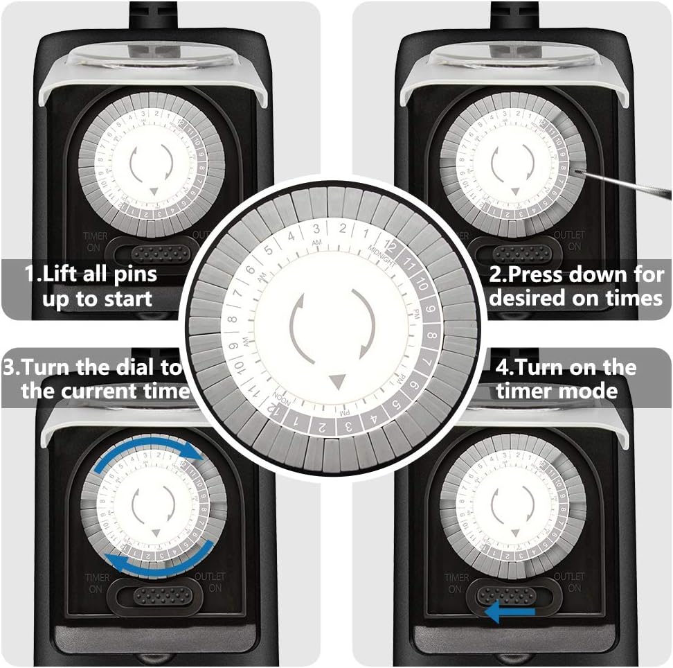 K KASONIC - Outdoor Light Timer Outlet, 24 Hour Mechanical Switch, Heavy Duty Plug in Timer Waterproof with 2 Grounded Outlet, ETL Listed (Black)