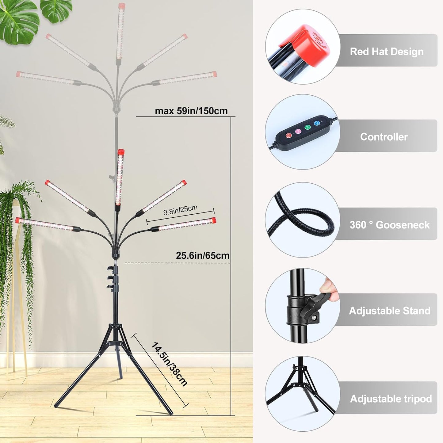 FECiDA Gamechanger! 45 Watt Power Draw, NO Need Adapter, 5Head Grow Light with Tripod Stand, 2026 Big Coverage LED Grow Lights for Indoor Tall Plants, Bonsai Tree, 4/8/12/16/20H Timer