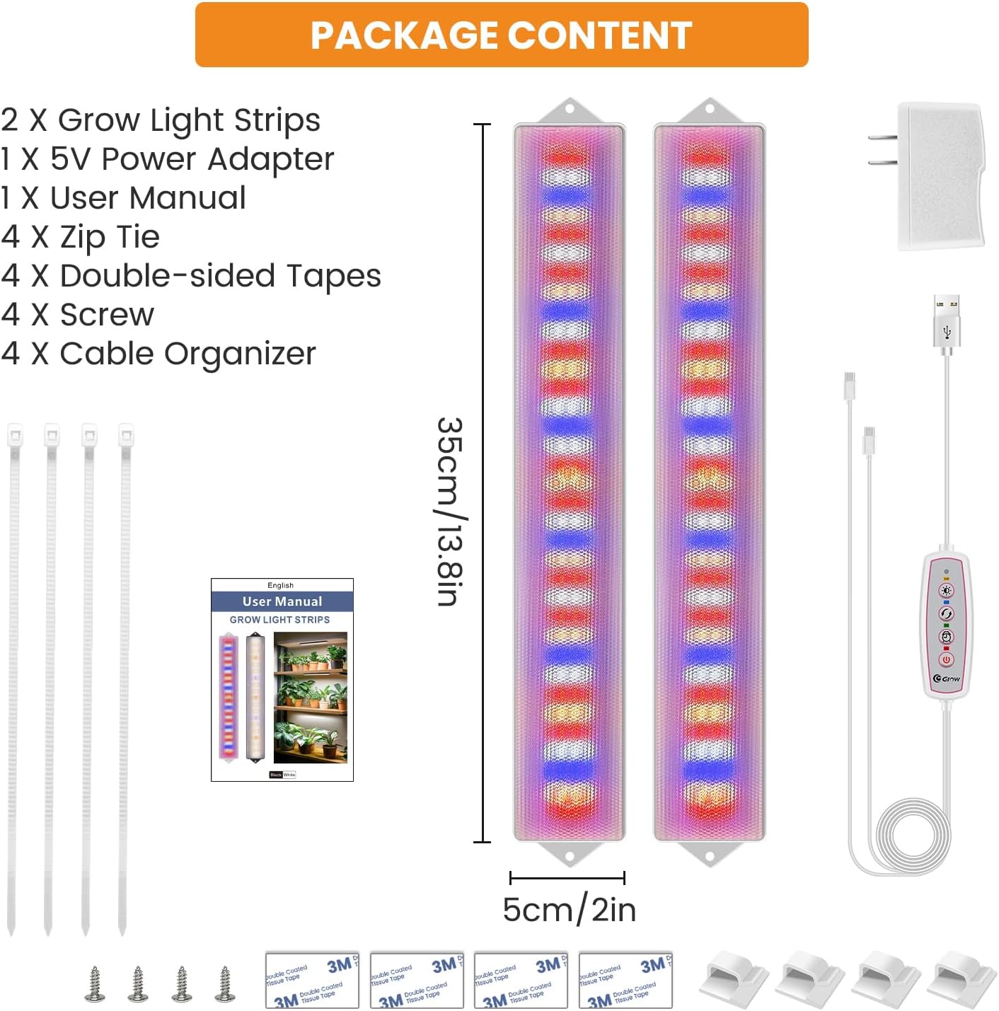 LED Grow Light Strip, 20W Full Spectrum Plant Lights With Red Blue White LEDs, 210 LEDs Grow Light Strips for Indoor Plants with 4/8/12/16H Auto Timer,3 Switch Modes, 5 Dimming Levels,2 Pack.