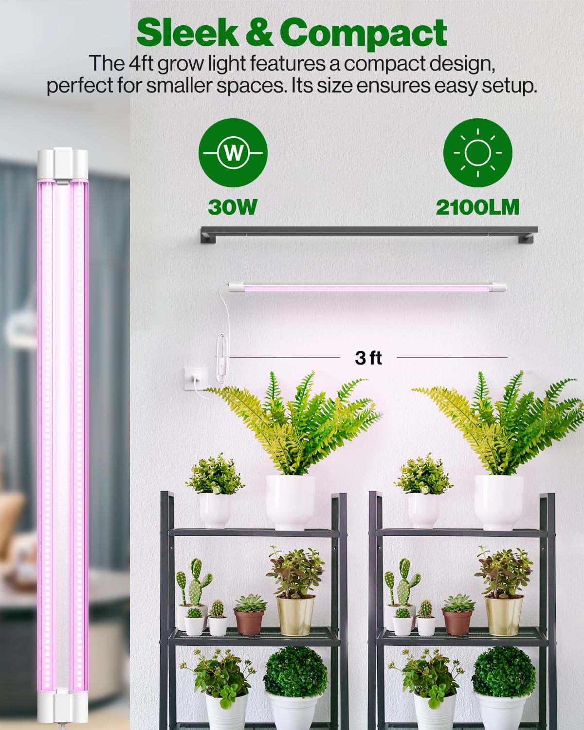 Sunco 3ft Grow Light LED, 30W, Full Spectrum, for Seed Starting, Seedling, Indoor Plants, Plug in Suspended Fixture, Link Up to 4, Inline Switch, UL/ETL 2 Pack.
