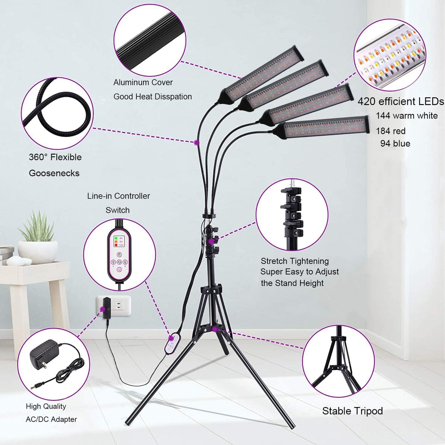 Plant Grow Light with Stand, 420LEDs Sunlight Full Spectrum Floor Plant Light with Timer, 10 Dimmable Levels 4 Head Plant Lamp for Indoor Plants with Stand for Veg and Bloom