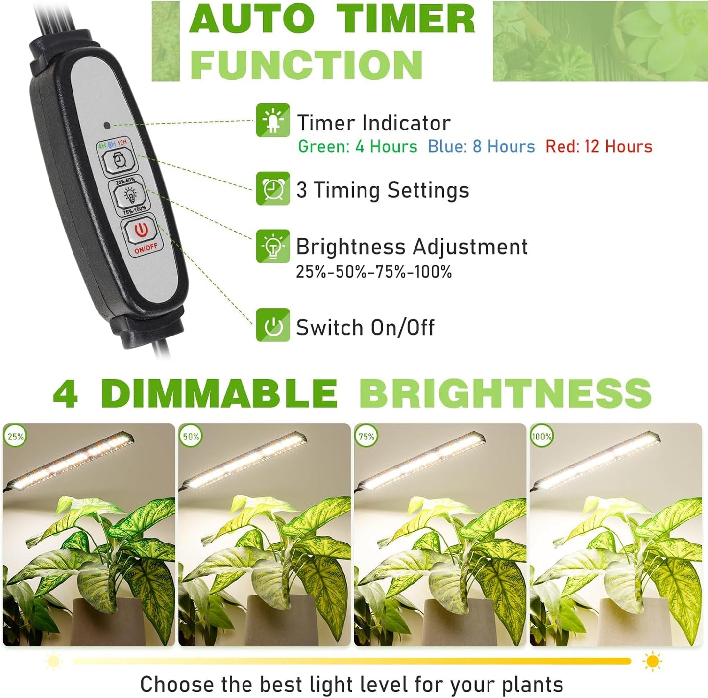 FOXGARDEN Grow Lights Full Spectrum, Four-Head Plant Lights for Indoor Growing with Flexible Gooseneck, 208 LEDs Clip Grow Lamp with 4/8/12H Timer, 4 Brightness Levels, Ideal for Indoor Growth