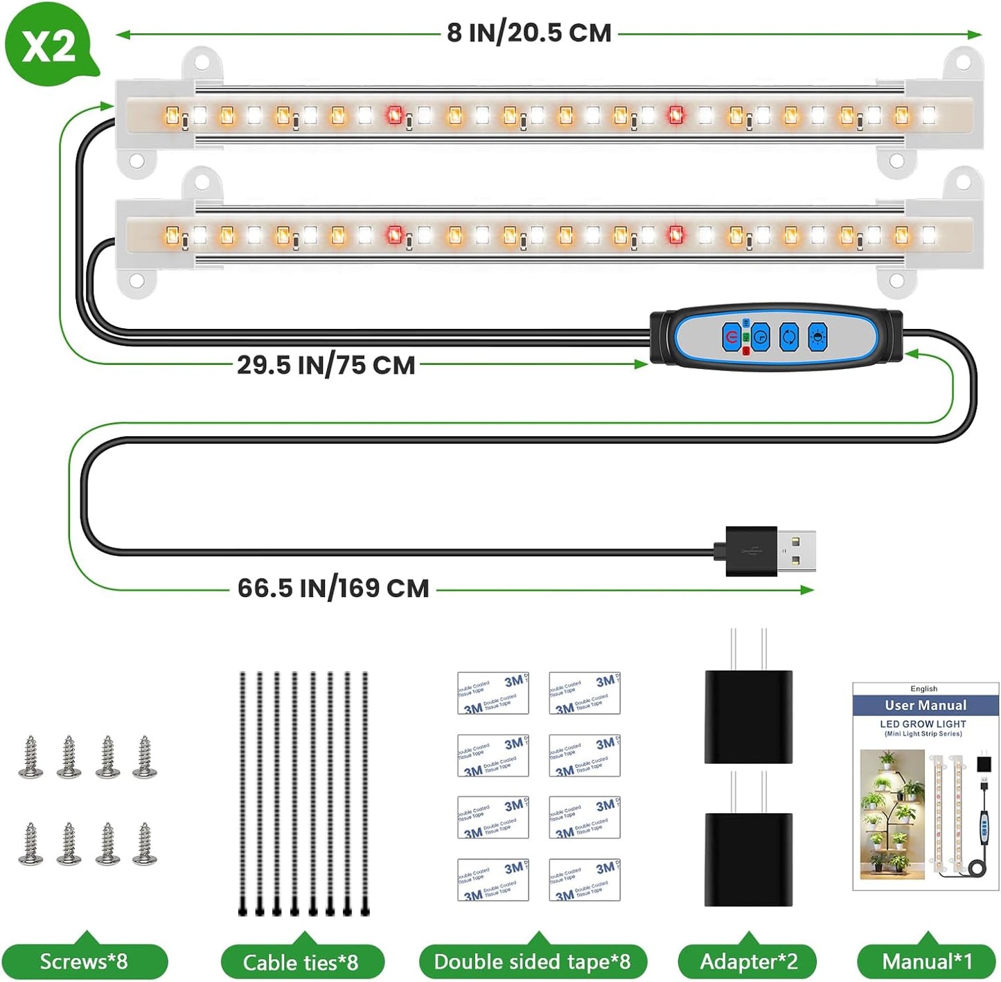 Wiaxulay 8 inches Grow Lights for Indoor Plants, 112 LEDs Full Spectrum Grow Light Strip, Under Cabinet Grow Lamp with Auto Timer 6/12/16 Hrs, 3 Lighting Mode, Ideal for Plant Stand, Shelf, 2 Pack
