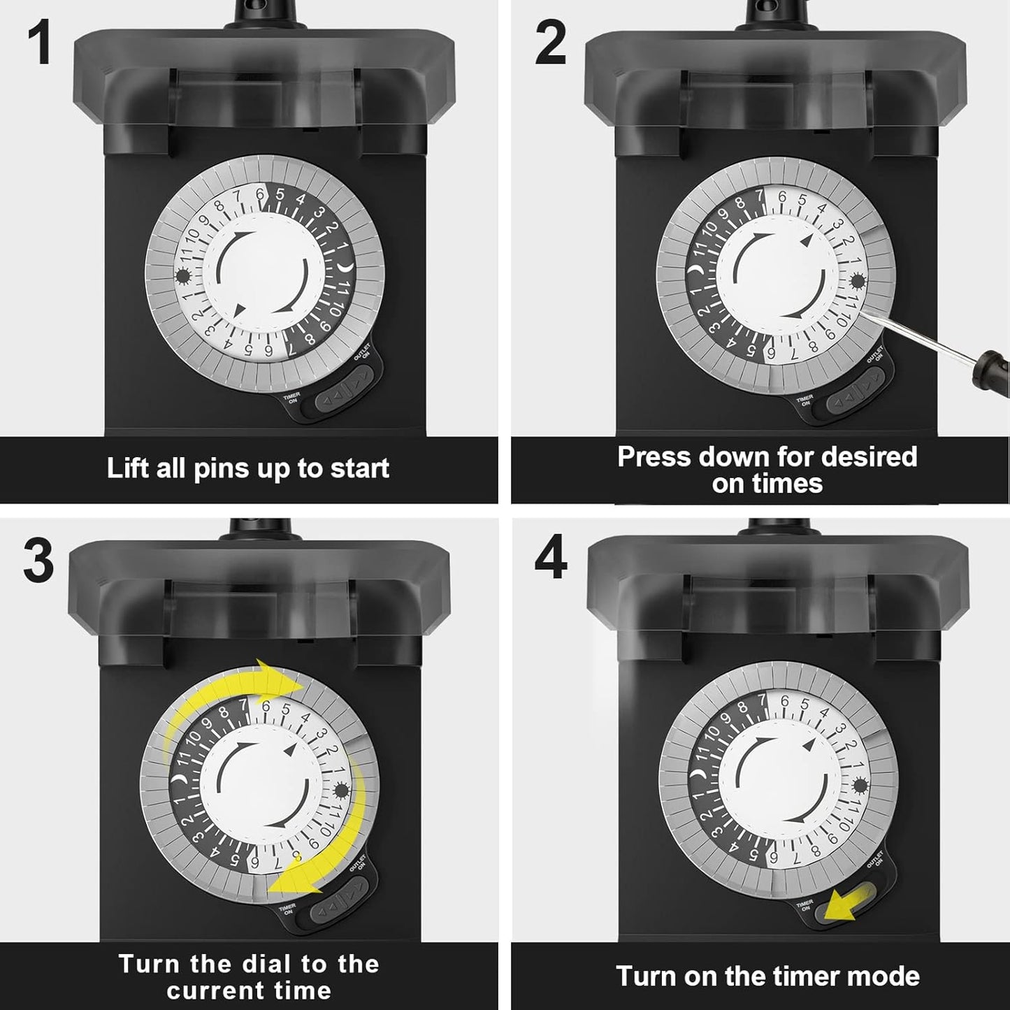 24 Hour Outdoor Mechanical Timer Switch with Two Ground Outlets, Variable On/Off Setting Every 30 Minutes, 48 Pin Setting Dial, Up to 24 Events Per Day,ETL Listed,Black
